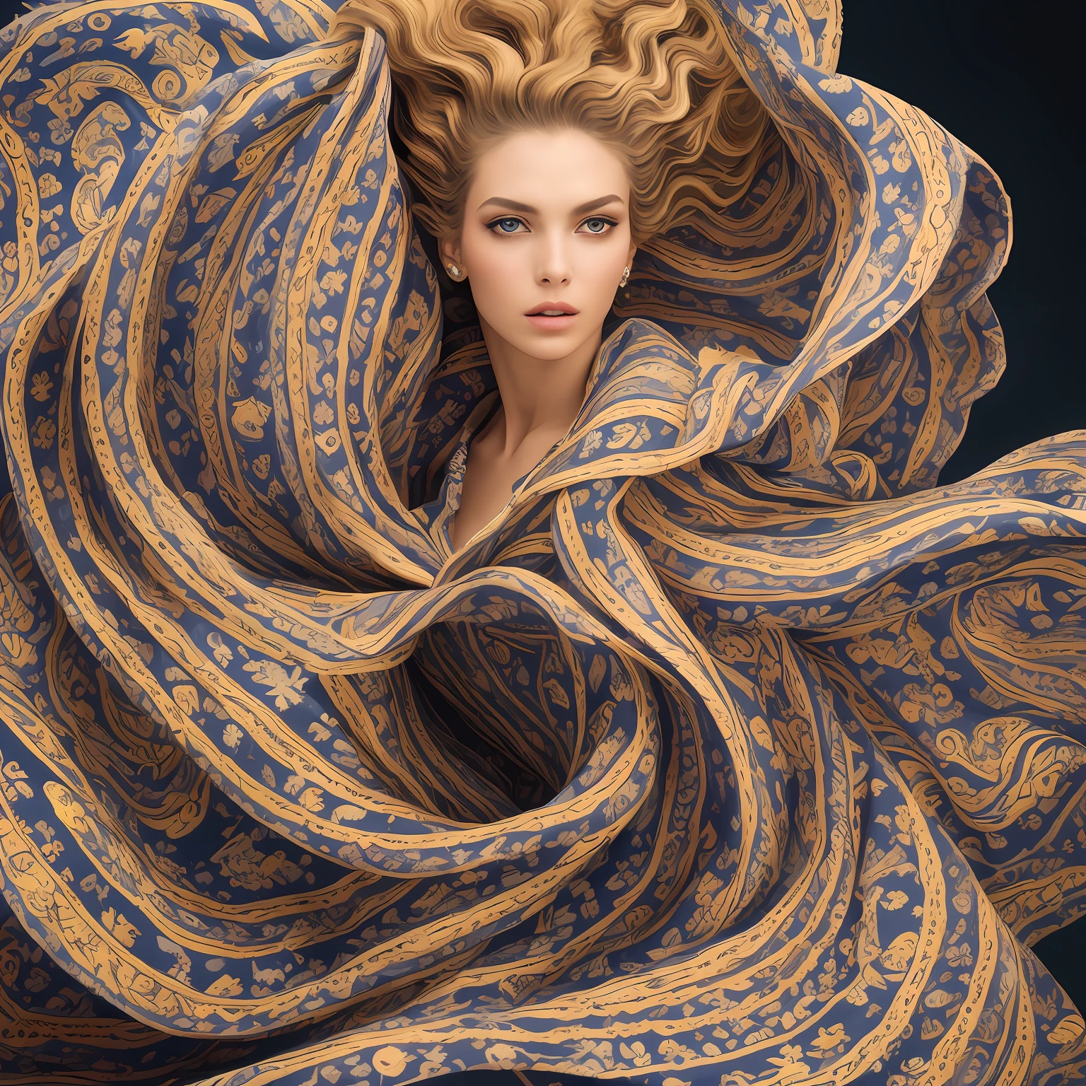 Masterpiece, dress, high quality, art muse, surrounded by swirling fabric, (fabric detail:1.2), (intricate fabric folds:1.2), photographed by peter lindbergh and dave lachapelle, closeup, Sony A9 II, f2.0, iso 100, dynamic composition, serene expression, primal energy, elemental beauty, high resolution, uhd, hdr, vogue photoshoot, Laocoön, iris flare