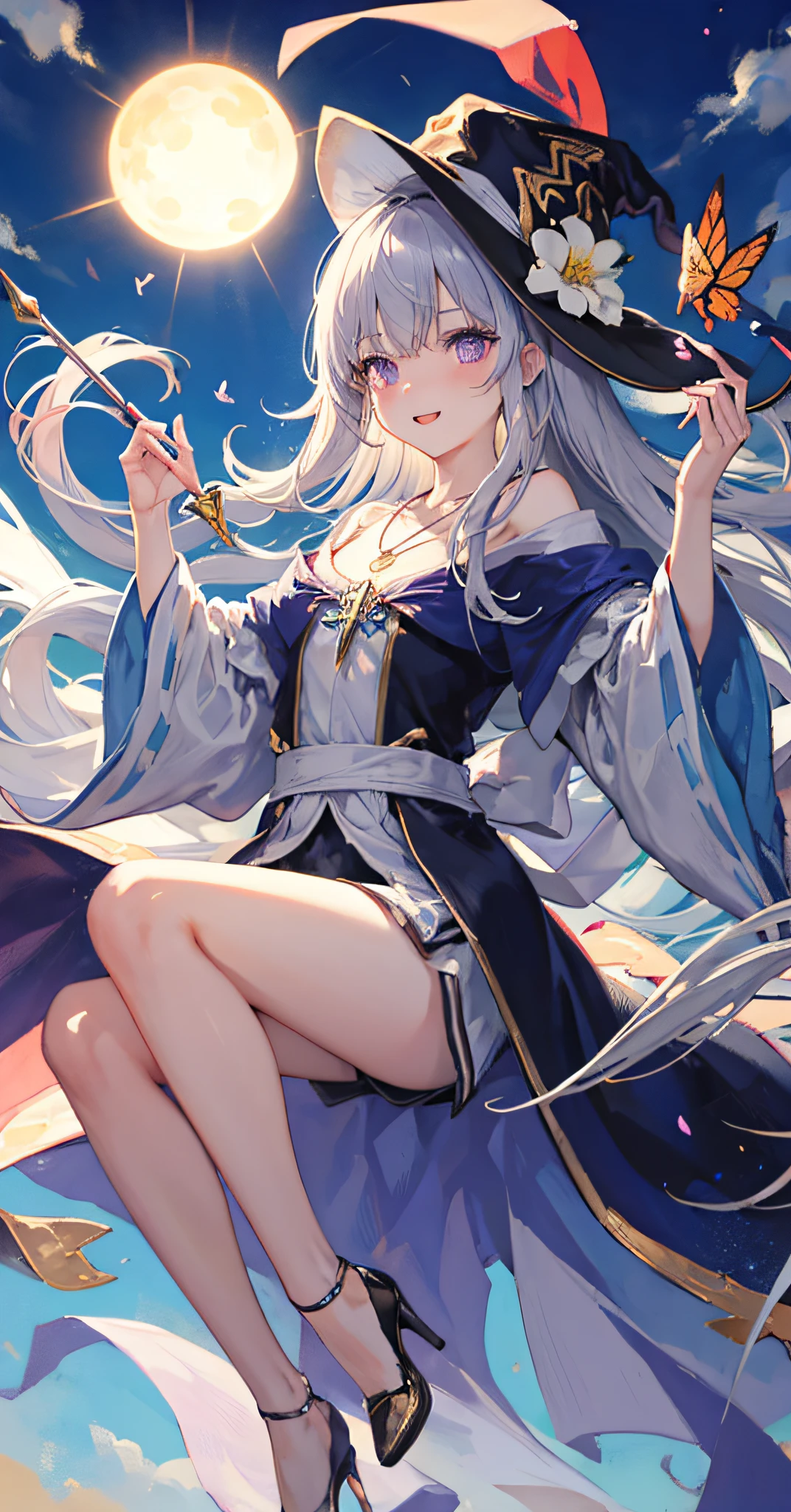 [(purple eyes, air bangs, wizard hat, slender legs, blue high heels, shiny skin, wearing a beautiful light blue magic robe: 1.3)], sacred, gorgeous, dark blue sky, sun, sky, magic formation, singing magic, spells, flower butterflies, happy, shy, blushing, tilting head, magical world, wand, necklace, gray hair, incredibly long hair,