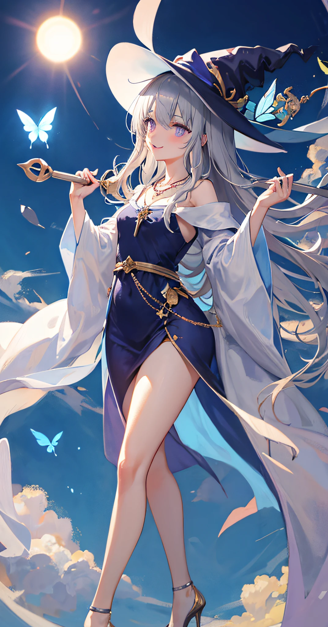 [(purple eyes, air bangs, wizard hat, slender legs, blue high heels, shiny skin, wearing a beautiful light blue magic robe: 1.3)], sacred, gorgeous, dark blue sky, sun, sky, magic formation, singing magic, spells, flower butterflies, happy, shy, blushing, tilting head, magical world, wand, necklace, gray hair, incredibly long hair,