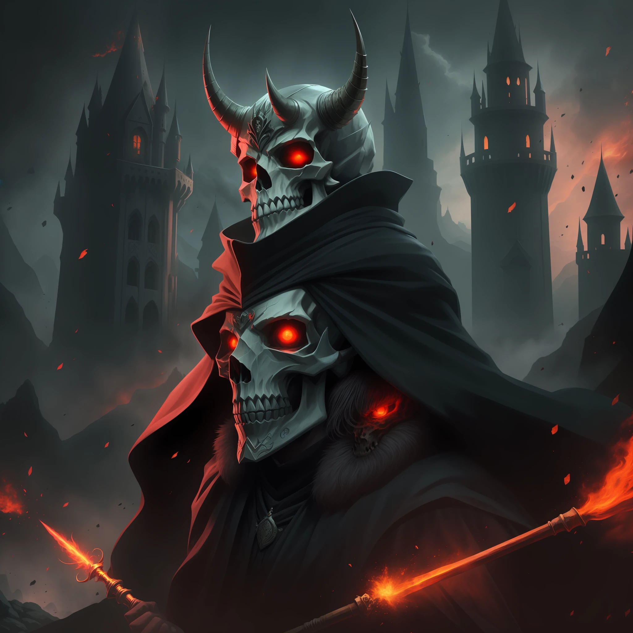 Horned skulls, wearing black robes, red eyes, wielding magic wands, like knights, Standing in a castle on a cliff, Red mist