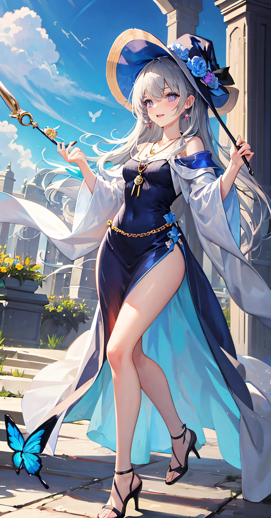 [(purple eyes, air bangs, wizard hat, slender legs, blue high heels, shiny skin, wearing a beautiful light blue magic robe: 1.3)], sacred, gorgeous, dark blue sky, sun, sky, magic formation, singing magic, spells, flower butterflies, happy, shy, blushing, tilting head, magical world, wand, necklace, gray hair, incredibly long hair,