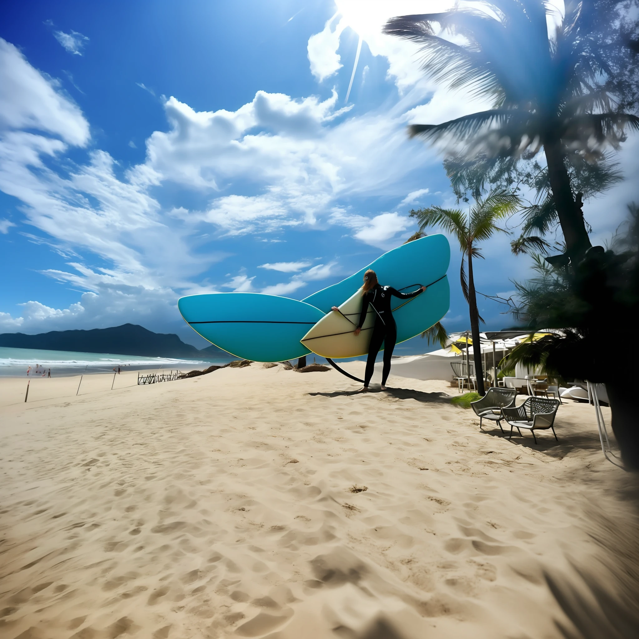 Surfboard girl standing on sand, wearing wetsuit, holding surfboard, full body length shot