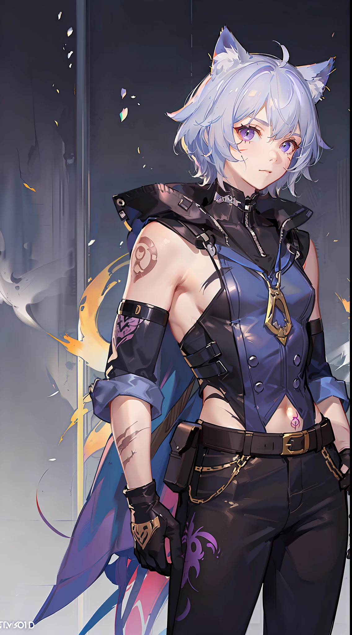 Young guy, short white hair, purple eyes, cat ears, superhero uniform, open torso, pants, scars, tattoos, masterpiece, high quality