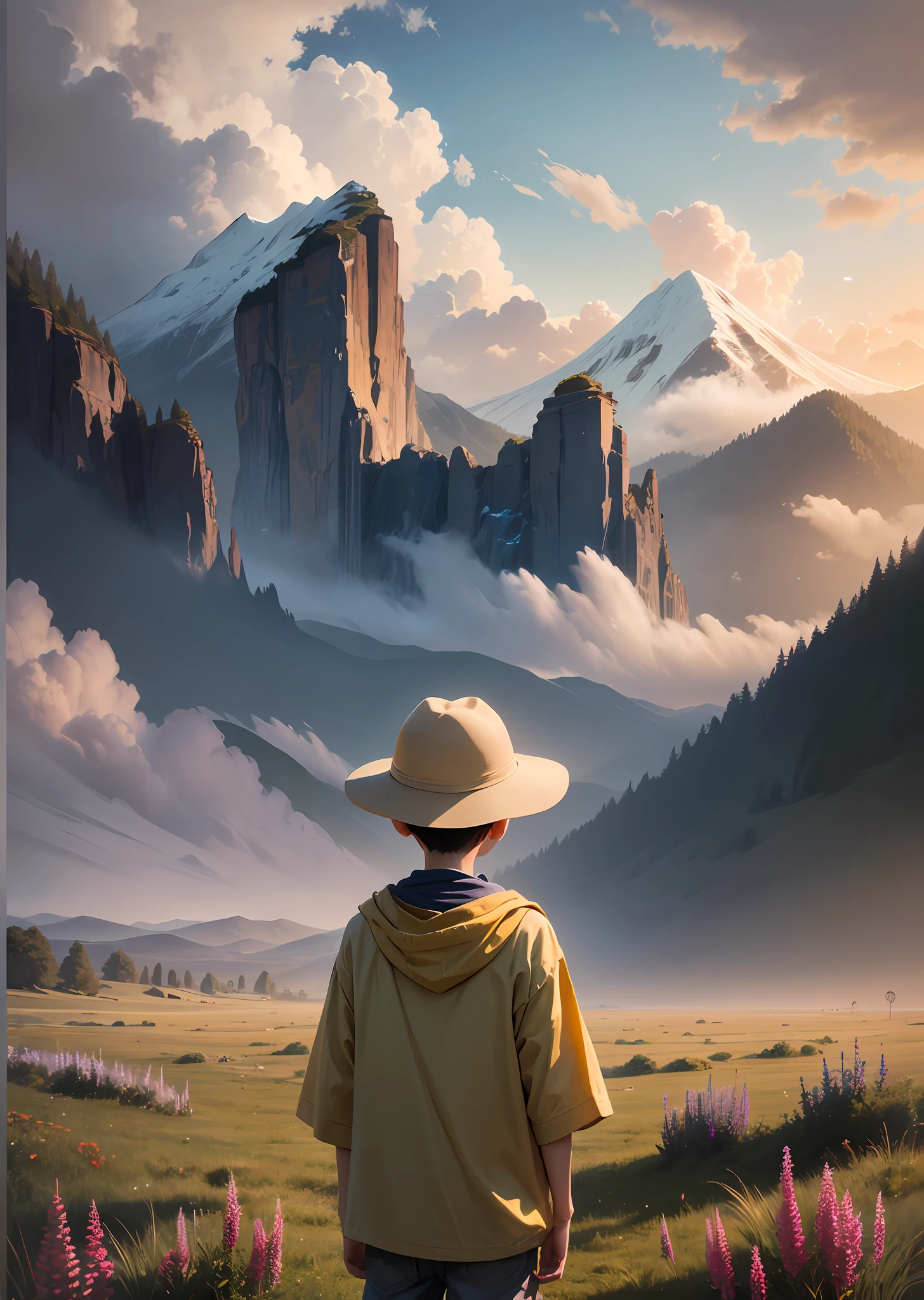 In an idyllic setting, a boy stands in an open field. Lush green grass stretches as far as the eye can see, adorned with wildflowers of various colors and sizes, emitting delicate fragrances. The sky is clear and serene, with a gentle breeze caressing the boy's face. Golden sunlight bathes the landscape, casting a soft, radiant glow that creates an atmosphere of peace and tranquility. On the horizon, majestic mountains rise in layers, shrouded in a gentle mist that adds an air of mystery. Their gentle and imposing shapes blend harmoniously with the surrounding scenery. The boy stands, captivated by the captivating sight before him, filled with awe and a sense of wonder. It's a scene that inspires serenity, reflection, and a deep appreciation for the beauty of the world. --auto --s2