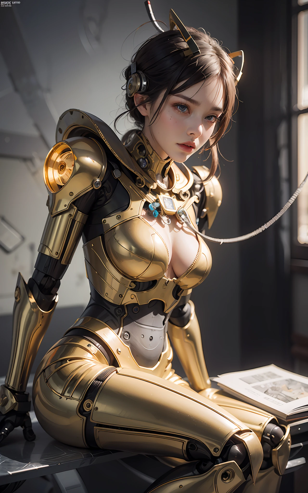 Complex 3d rendering ultra detailed beautiful porcelain profile female android face, golden cyborg, robot parts, 150mm, beautiful studio soft light, rim light, vivid detail, gorgeous cyberpunk, lace, surreal, anatomical, facial muscles, cable wire, microchip, elegant, beautiful background, octane rendering, HR Giger style, 8k, best quality, masterpiece, illustration, very delicate and beautiful, highly detailed, cg, uniform, wallpaper, ( realistic, photorealistic: 1.37), fantastic, elaborate, masterpiece, top quality, official art, highly detailed cg unity 8k wallpaper, absurdity, incredible absurdity, robot,, full body, sitting, golden color