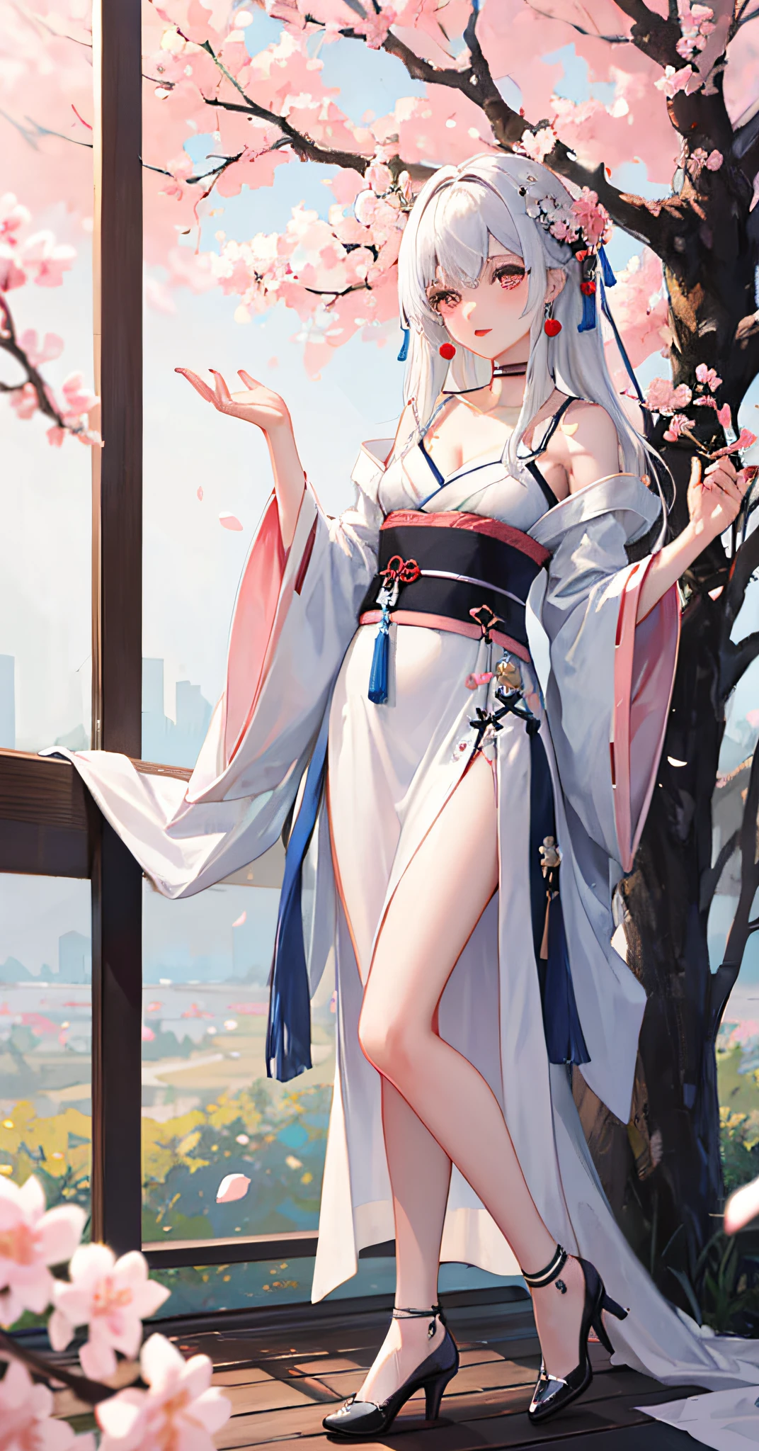 1 girl, winter, bangs,  shoulders, light tree, white hair, slender legs,high heels,branches, cherry blossoms, collarbone, earrings, park background, hair accessories, hanfu, chinese hanfu, jewelry, kiseru, lips, long hair, medium ,  shoulders, standing, solo, tassel, peach tree, wide sleeves, leaning under a tree, translucent clothes, silk, shukzuma, negative space, , branches, (Best representative work quality: 1.2), calm, looking at the audience, wearing Hanfu, with cherry blossom trees, petals, natural science foundation, cat in the background,
