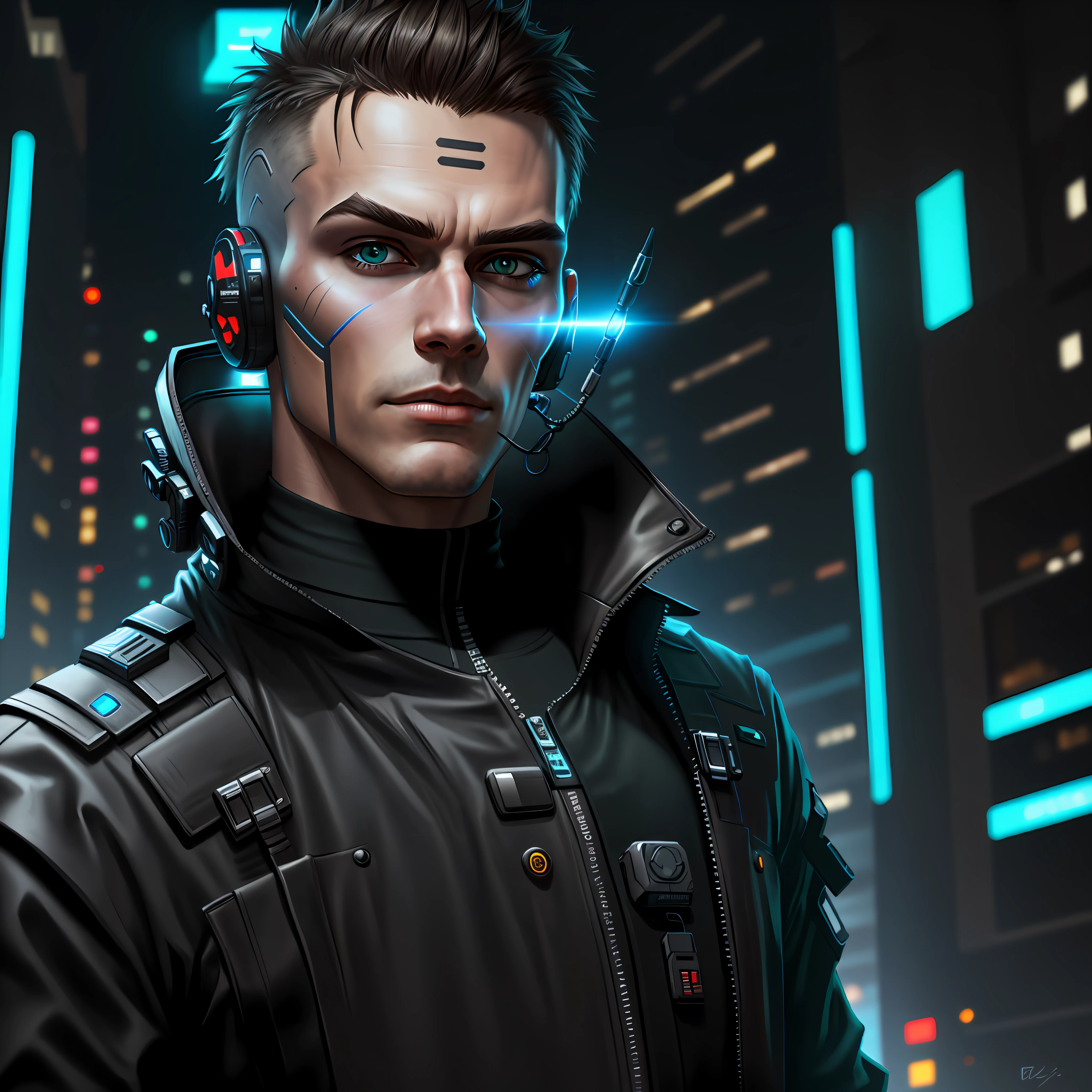 realistic detail full face of futuristic cyberpunk cyber man