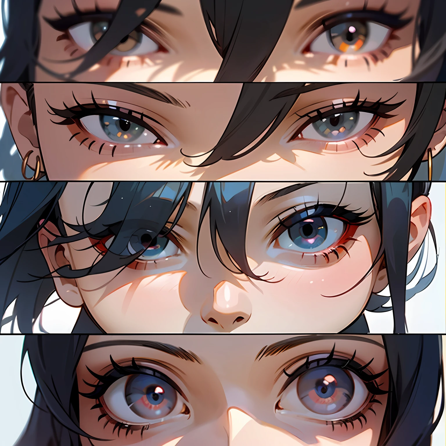 black hair, solid circle eyes, light smile, jewelry, hairpods, colored eyelashes, three sided view, Pixar, Ukiyo-e, multiple views, panorama, sideways, reference sheet, lineup, projected inset, 8k, super detail, ccurate, best quality, UHD, high details, best quality, masterpiece, anatomically correct --auto