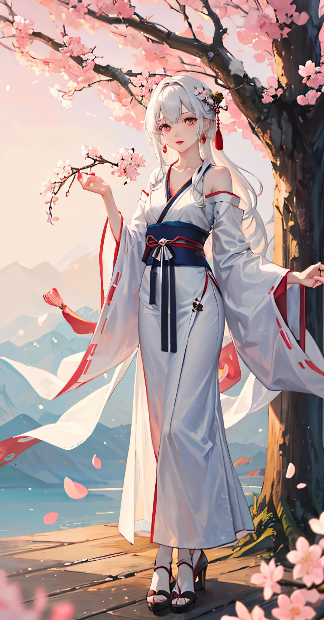 1 girl, winter, bangs, bare shoulders, light tree, white hair, slender legs,high heels,branches, cherry blossoms, collarbone, earrings, park background, hair accessories, hanfu, chinese hanfu, jewelry, kiseru, lips, long hair, medium chest, bare shoulders, standing, solo, tassel, peach tree, wide sleeves, leaning under a tree, translucent clothes, silk, shukzuma, negative space, , branches, (Best representative work quality: 1.2), calm, looking at the audience, wearing Hanfu, with cherry blossom trees, petals, natural science foundation, cat in the background,