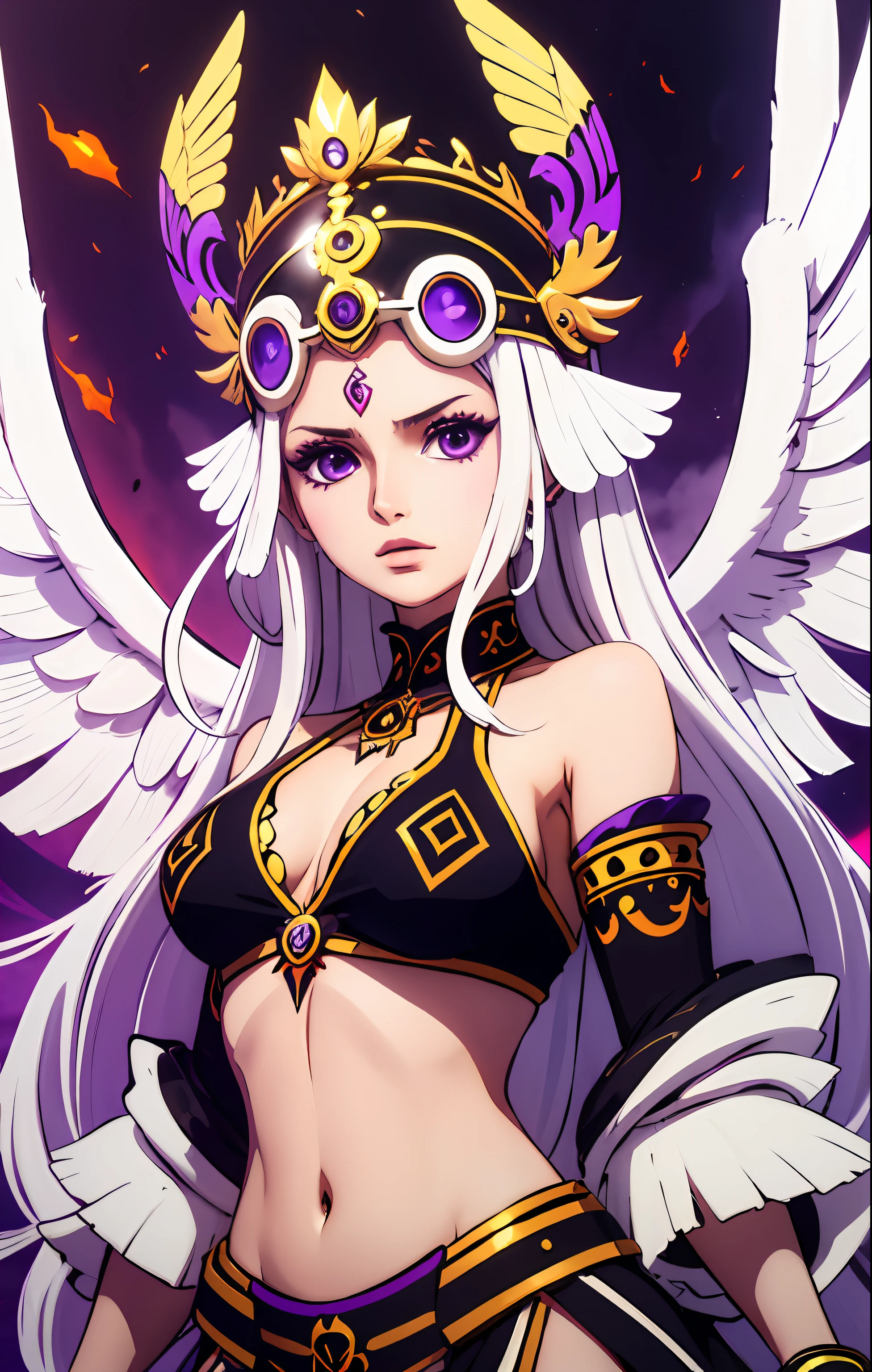 Kaira is a goddess with 6 white angelic wings, a giant golden helmet on her back, white hair, bright purple eyes, blue skin, with tribal symbols on her body.