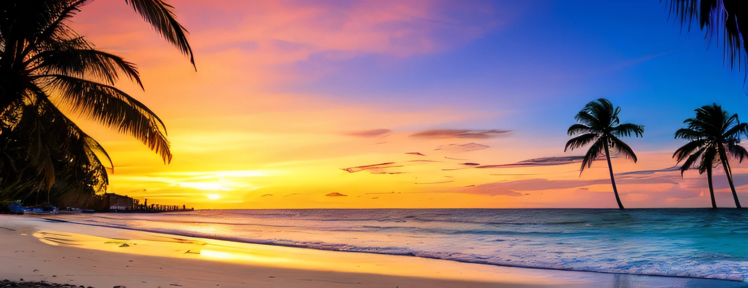 An absolutely mesmerizing sunset over the beach, with a blend of oranges, pinks, and yellows filling the sky. Crystal-clear waters of the sea gently kissing the shore, with sandy white beach stretching far and wide. The scene is dynamic and breathtaking, with seagulls soaring high in the sky and gently swaying palm trees. Take in the calming atmosphere and let the peacefulness wash over you, super details ever
