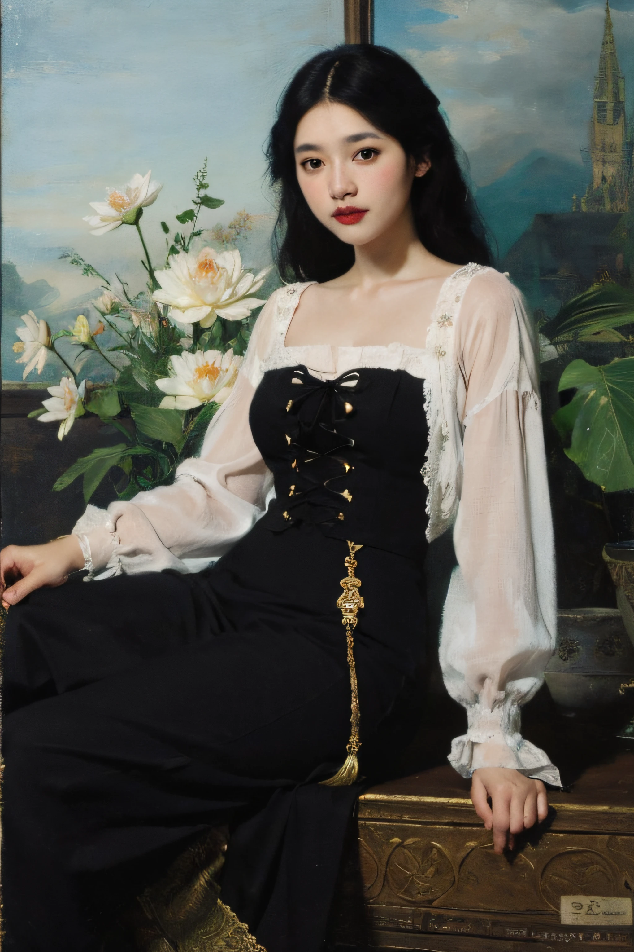 (Oil painting: 1.5),
\\
A woman with long black hair and white flowers in her hair sitting in a lotus flower, white blouse, cyan skirt (Amy Saul: 0.248), (Stanley Atger Liu: 0.106), (a detailed painting: 0.353), (Gothic art: 0.106)