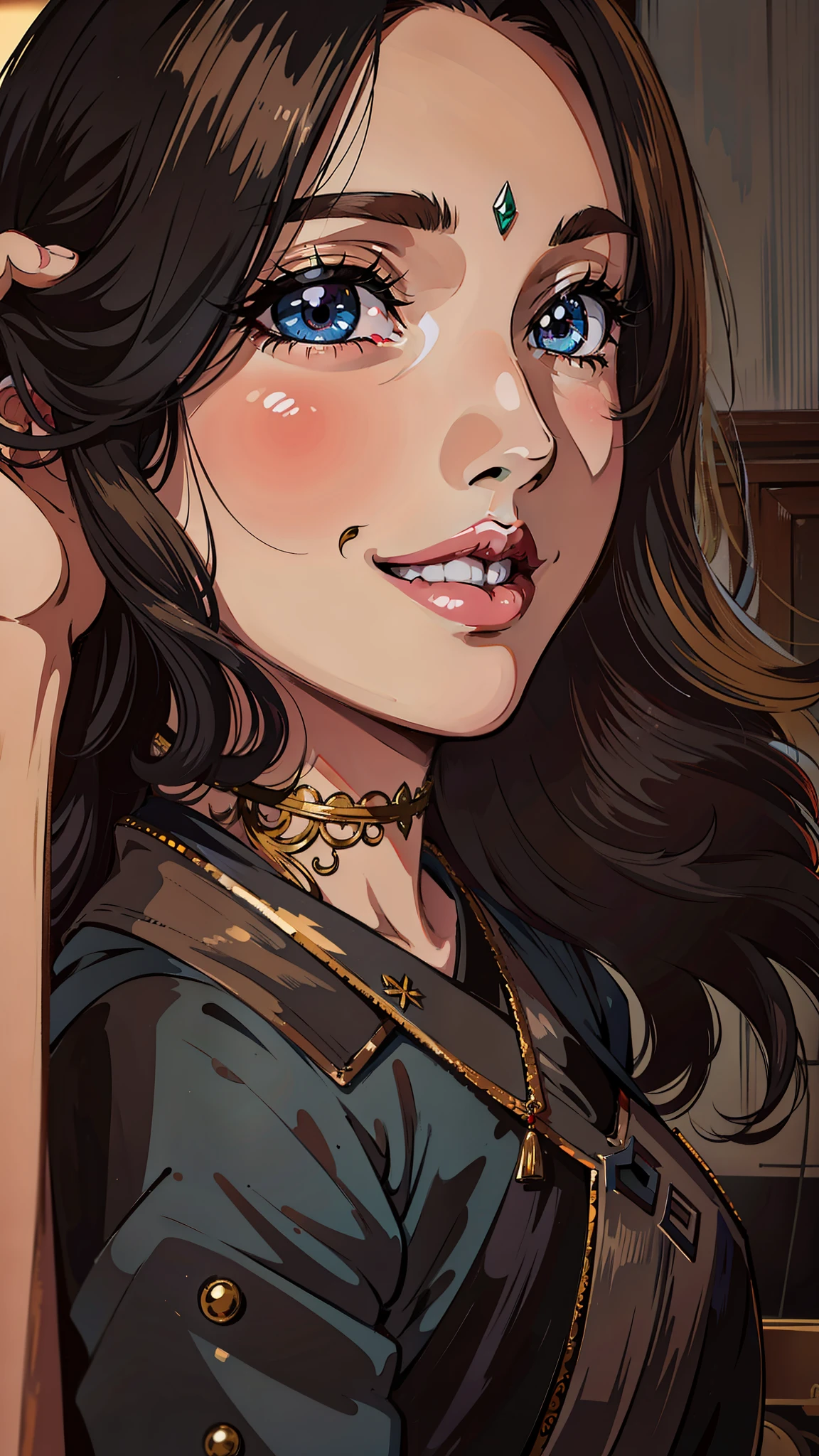 (masterpiece),(best quality:1.0), (ultra highres:1.0), detailed illustration, 8k, anime, 1girl, beautiful anime girl, wearing a black saree, intricate details, black eyes, detailed eyes, black hair, detailed hair detailed, highlights on hair, smile, red lipstick, red lips, detailed lips, anime style, best quality, detailed