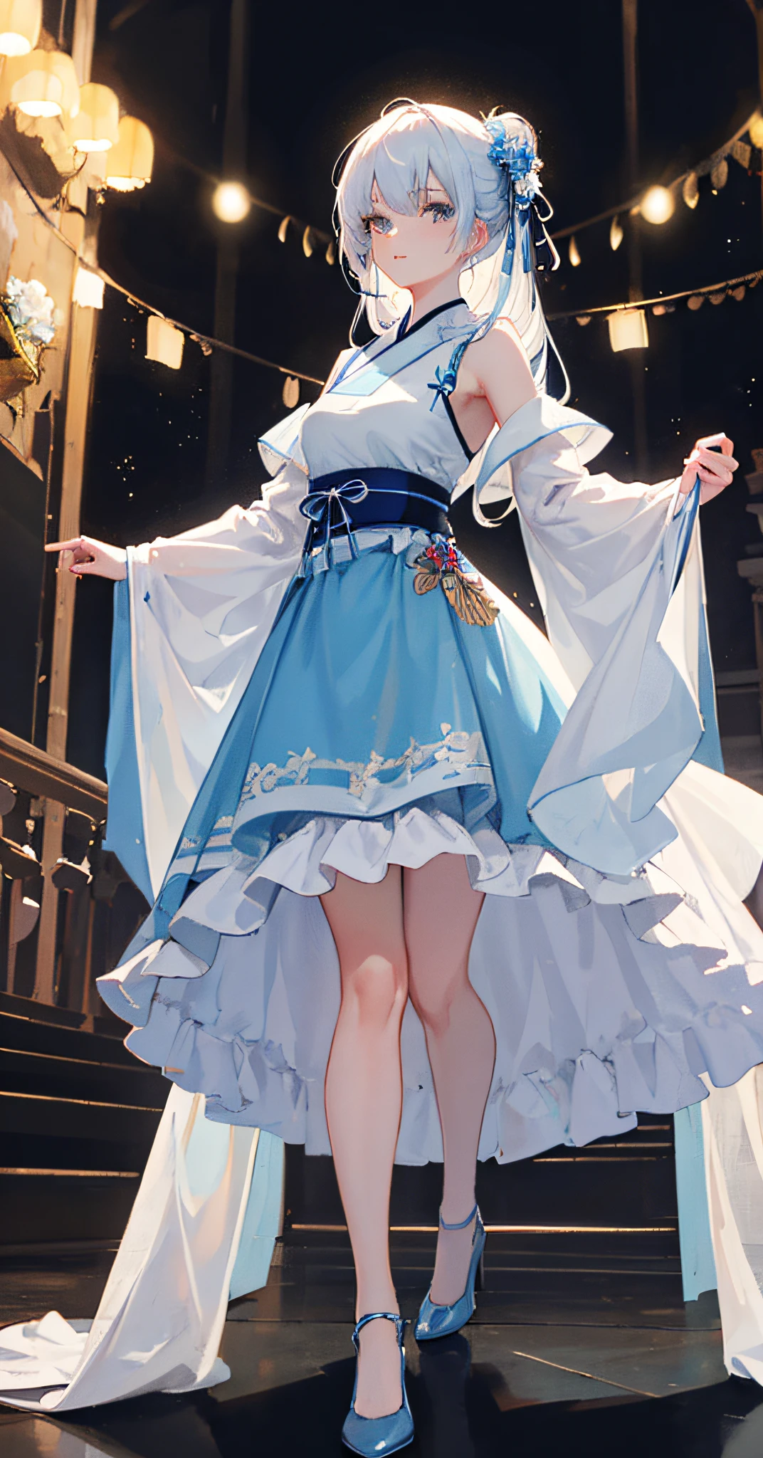 1 girl, single, high level, looking at the audience, masterpiece, the best quality, very detailed, perfect lighting, slender legs, golden high heels, light blue ta, sunny, ray tracing, long white hair, detailed and beautiful face, looking at the audience, light blue hanfu, light blue dress, light blue slip dress, solo,