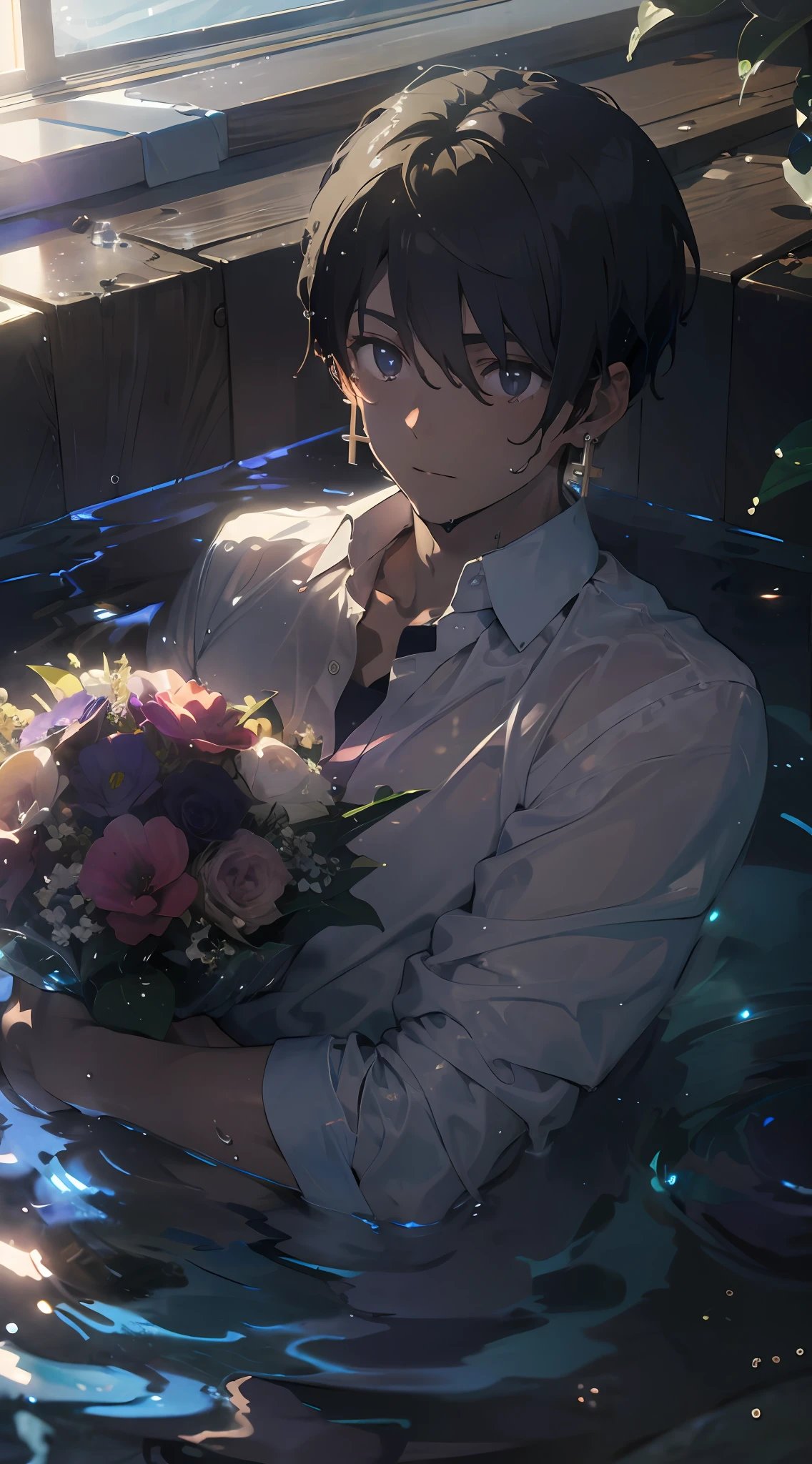 1boy, male, man, boy, teenager, young man, physically based rendering, professional lighting, extreme detail, white shirt, bouquet, cross earrings, lying on water, high brightness, refreshing, soft light, ((single))), (solo), lying down, wet, transparent shirt