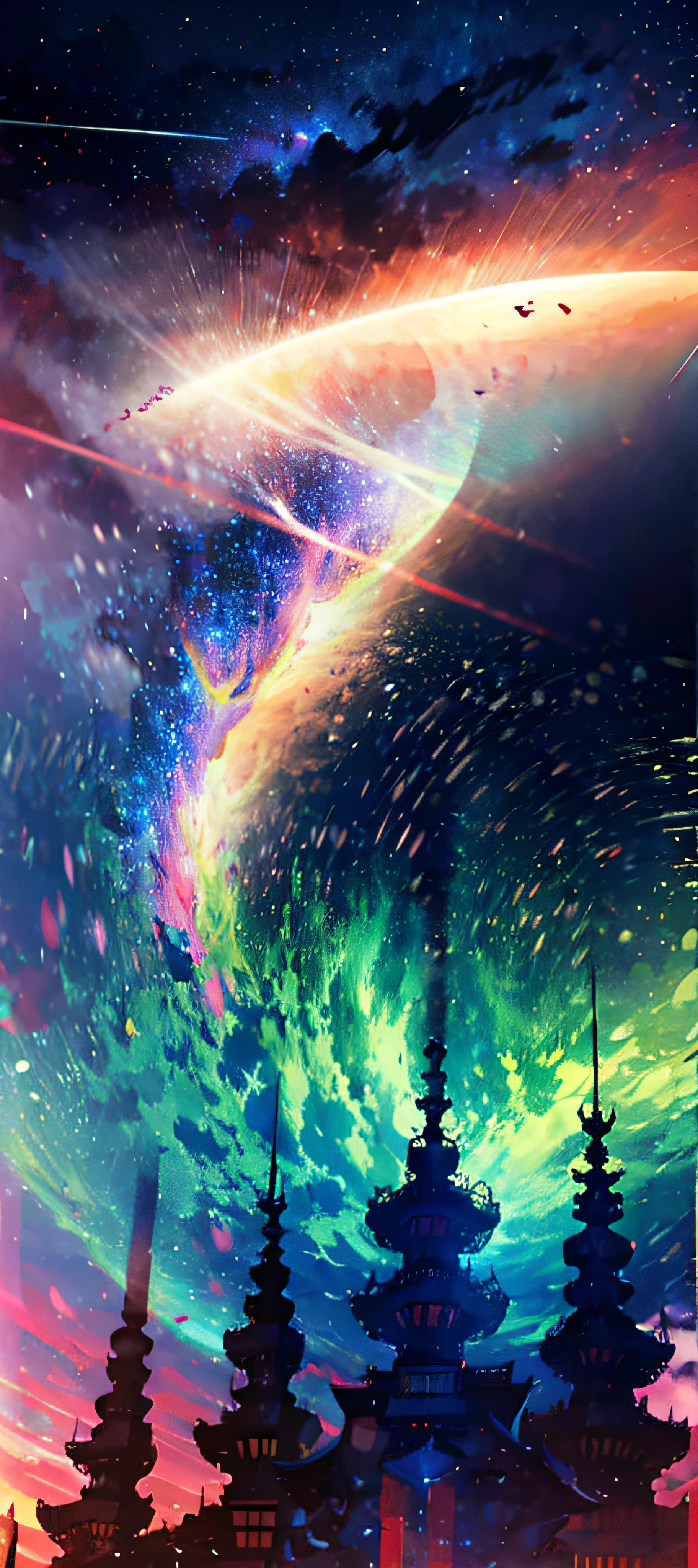 towers of god, blue towers, violet, blue, red, god, red sky, violet sky, starry sky, stars, starry towers, starry god, light blue, civilization, order