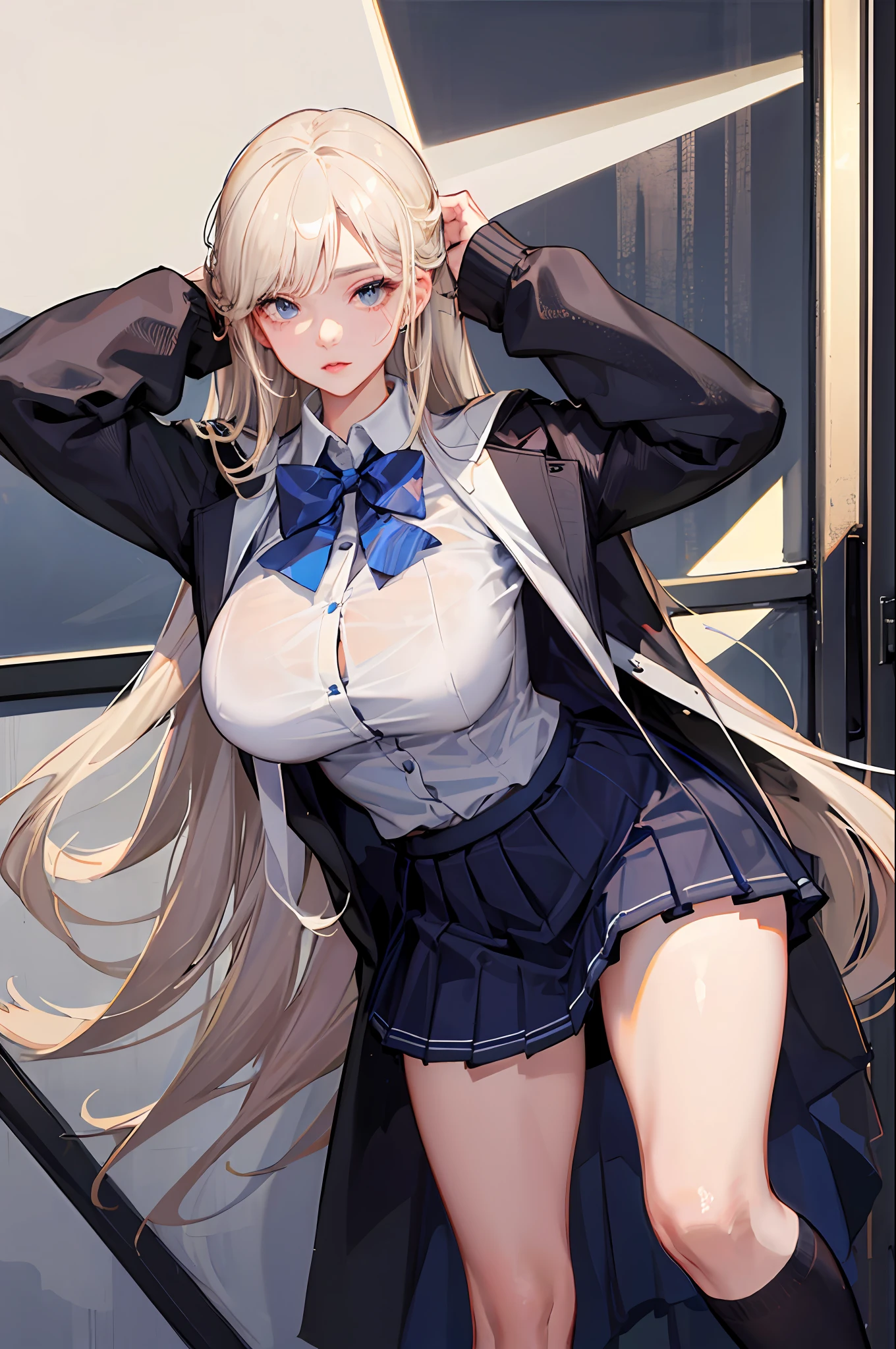 1girl, nsfw, masterpiece, best quality, slender girl with hourglass body and massive breasts, solo, pretty, cute, shy girl, ((girl wears school uniform, short pleated skirt, white blouse, Korean school uniform)), sexy, girl shows enticing breasts, ((platinum blond hair, long hair)), indigo eyes, detailed eyes, beautiful eyes, delicate eyes, ((hourglass body, sexy body)), correct anatomy, correct limbs, ((massive breasts, large breasts)), juicy lips, pouty lips, [detailed background (korean school, korean high school, Seoul, south korea)]