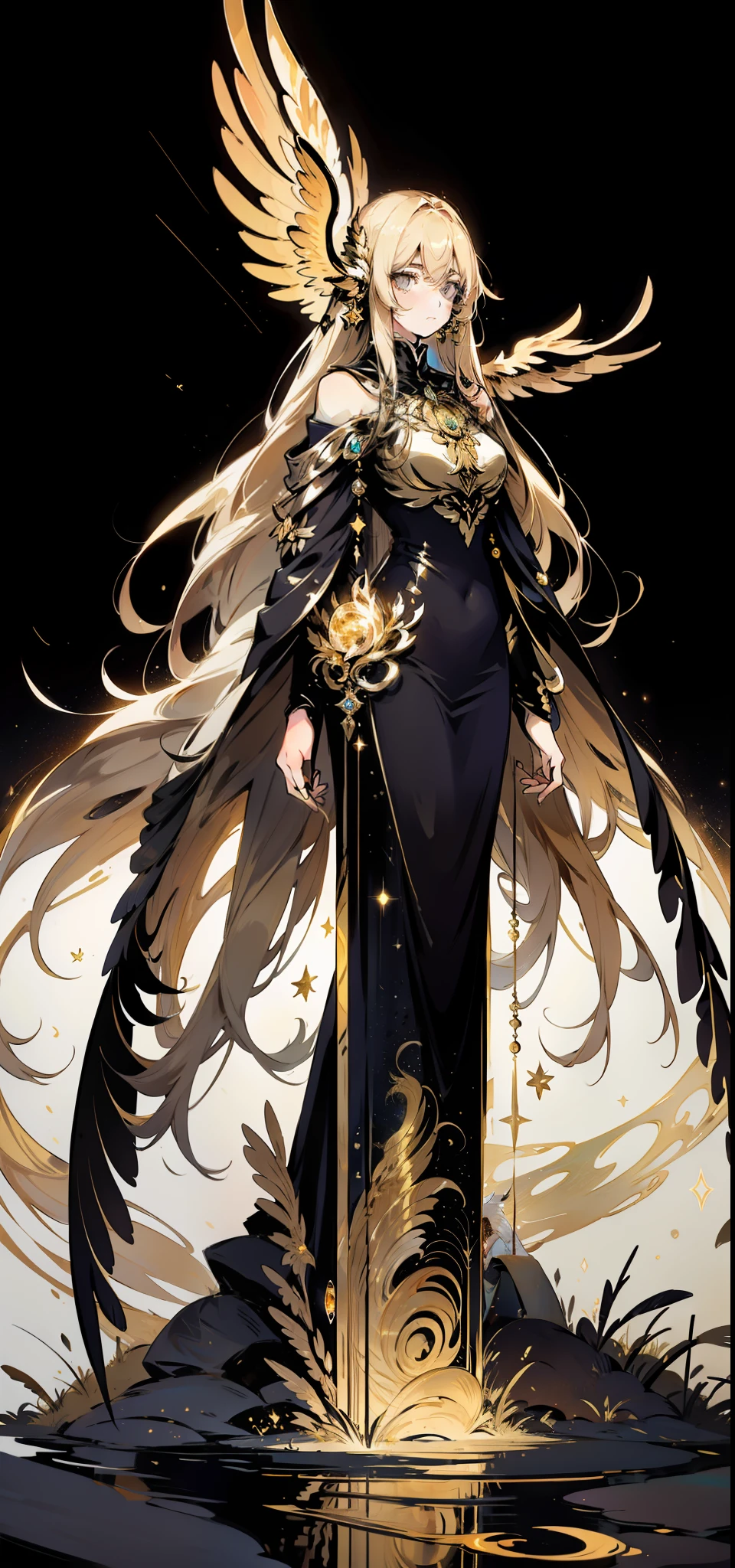 A woman with long, golden hair, with majestic wings on her back, is standing in a nocturnal landscape illuminated by a soft light. Her dress is golden and fluid, matching perfectly with the glow of the stars in the background.