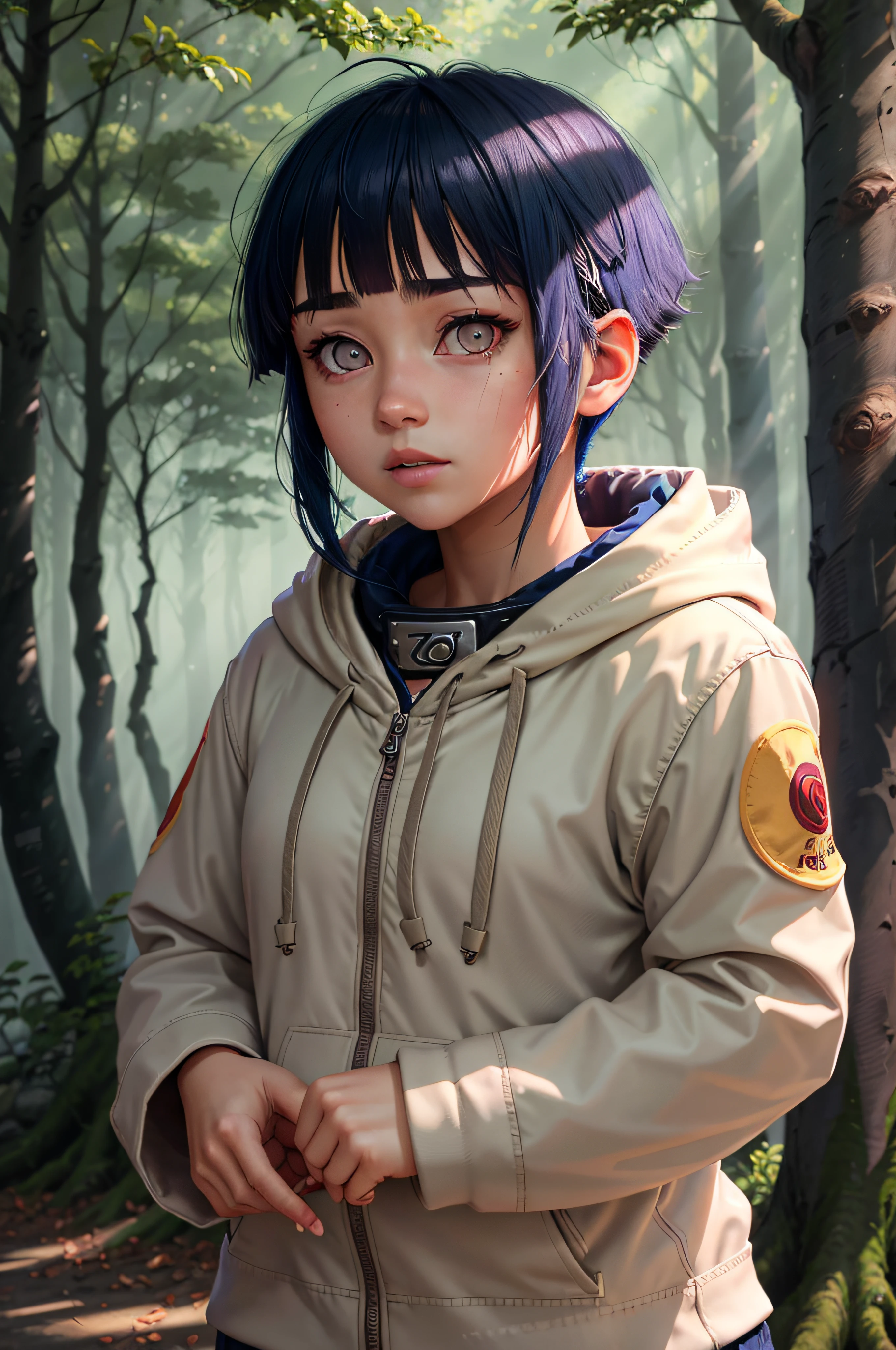 1girl, hinata_hyuuga, portrait, short hair, blue hair, blunt bangs, sidelocks, white eyes, no pupils, hoodie, forehead protector, jacket, forest