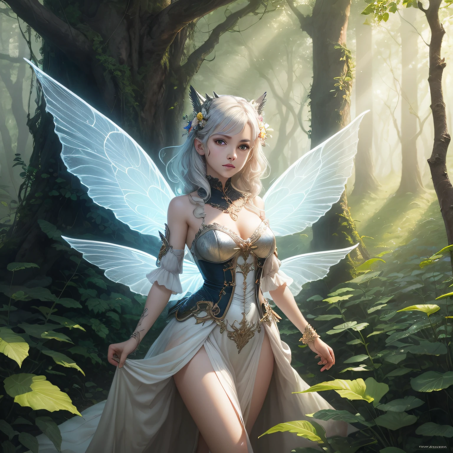 (Obra Prima, Top Quality, Best Quality, Official Art, Beautiful and Aesthetic: 1.2), Silver-winged, Fairy-like Slender Woman, Forest Background, Unity 8k Wall, Super Detail, Inquisite Face.