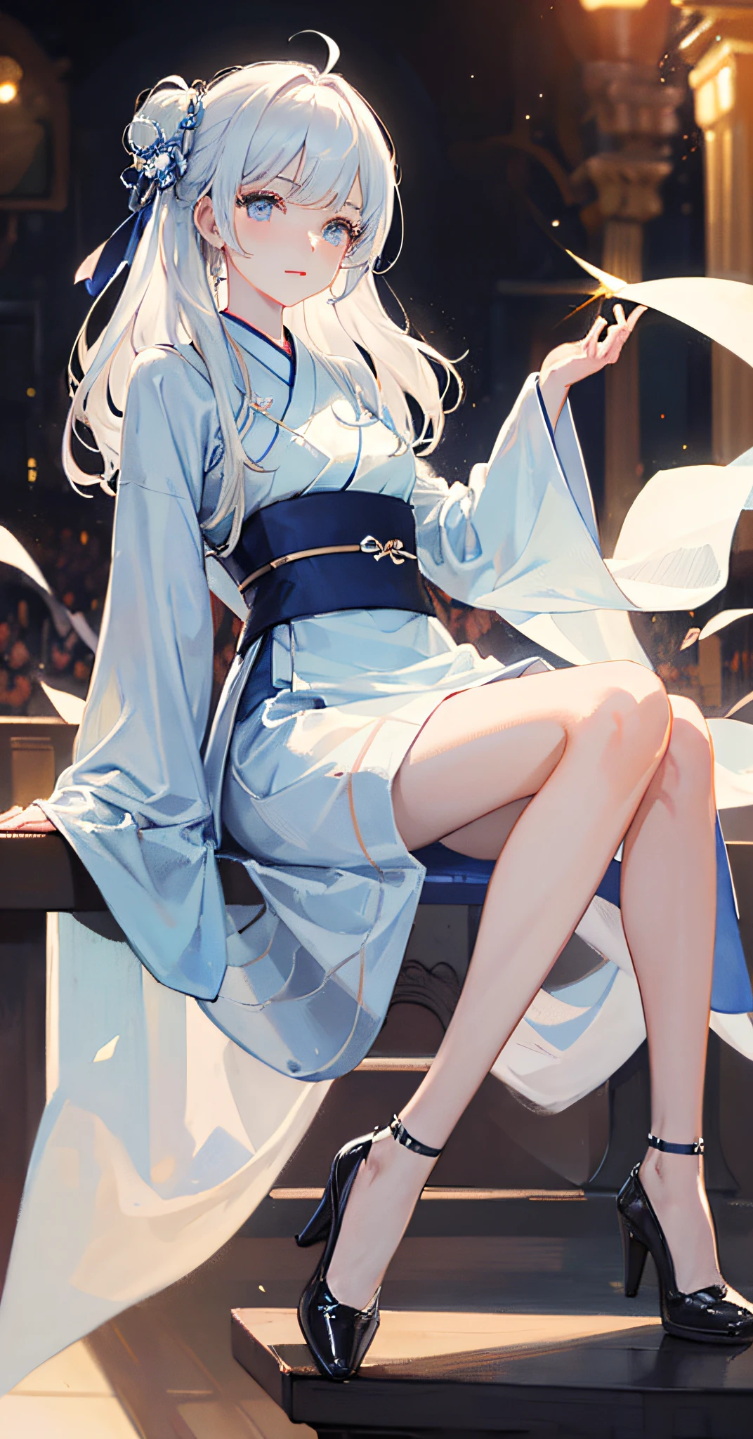 1 girl, single, high level, looking at the audience, masterpiece, the best quality, very detailed, perfect lighting, slender legs, golden high heels, light blue Lolita, sunny, ray tracing, long white hair, detailed and beautiful face, looking at the audience, light blue hanfu, light blue dress, light blue slip dress, solo,