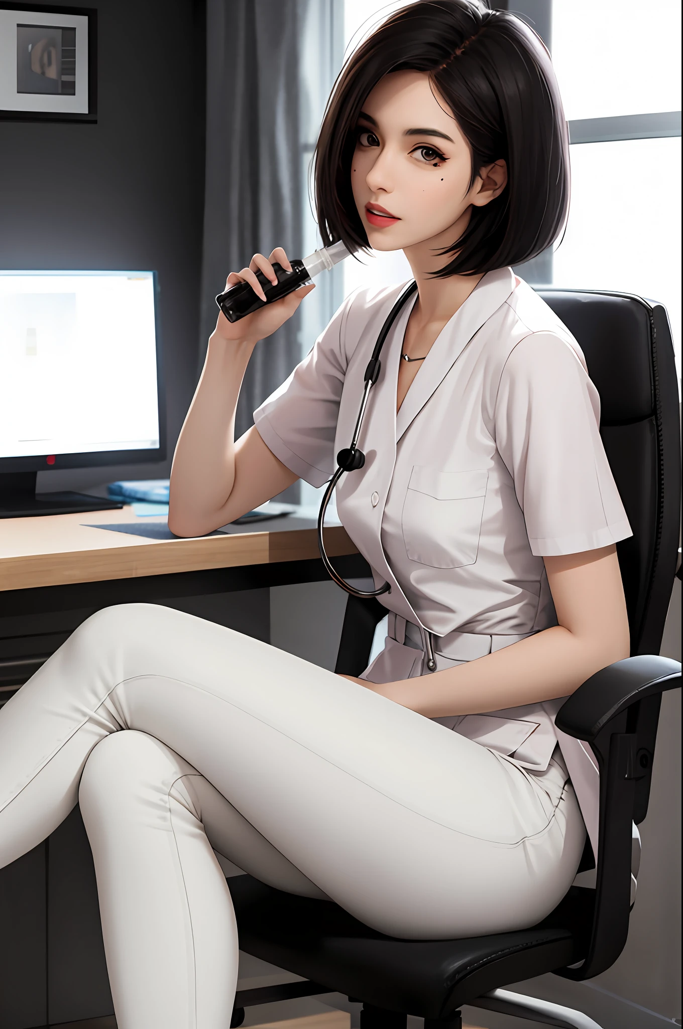 masterpiece, top quality, high quality, high resolution, high quality textures, high quality shadows, high detail, realistic, cinematic lights, side lights, lens flares, ray tracing, sharp focus, beautiful adult woman with black hair, tall, slightly longer bob cut, small mole on chin, nurse, hospital, wearing white nursing clothes, wearing a stethoscope from the neck. Holding a syringe in your hand. Sitting on a chair with legs crossed. Wearing white pants. Manly. thin thighs, small breasts, slim, long eyelashes