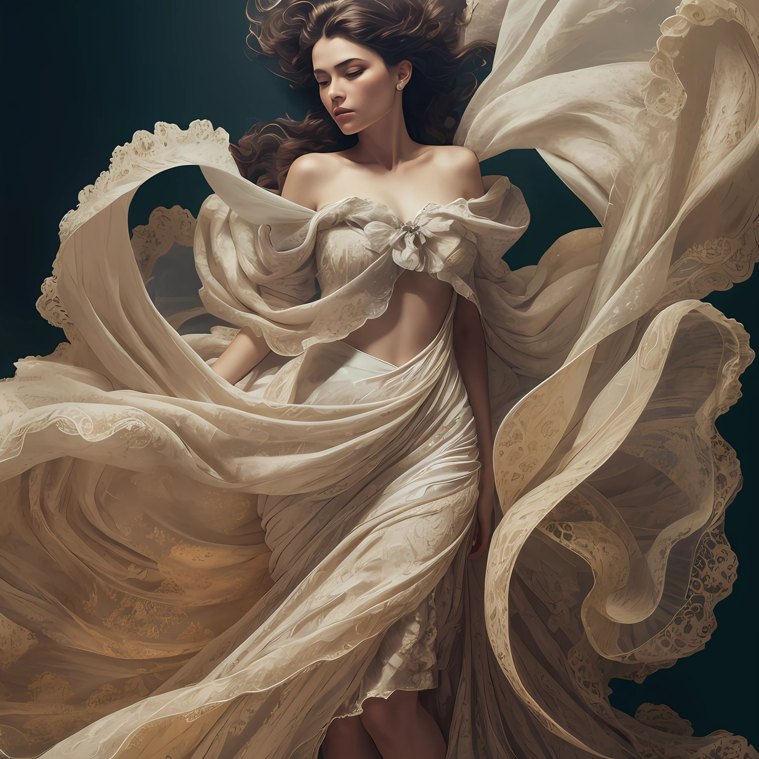 Masterpiece, dress, high quality, art muse, surrounded by swirling fabric, (fabric detail:1.2), (intricate fabric folds:1.2), photographed by peter lindbergh and dave lachapelle, closeup, Sony A9 II, f2.0, iso 100, dynamic composition, serene expression, primal energy, elemental beauty, high resolution, uhd, hdr, vogue photoshoot, Laocoön, iris flare