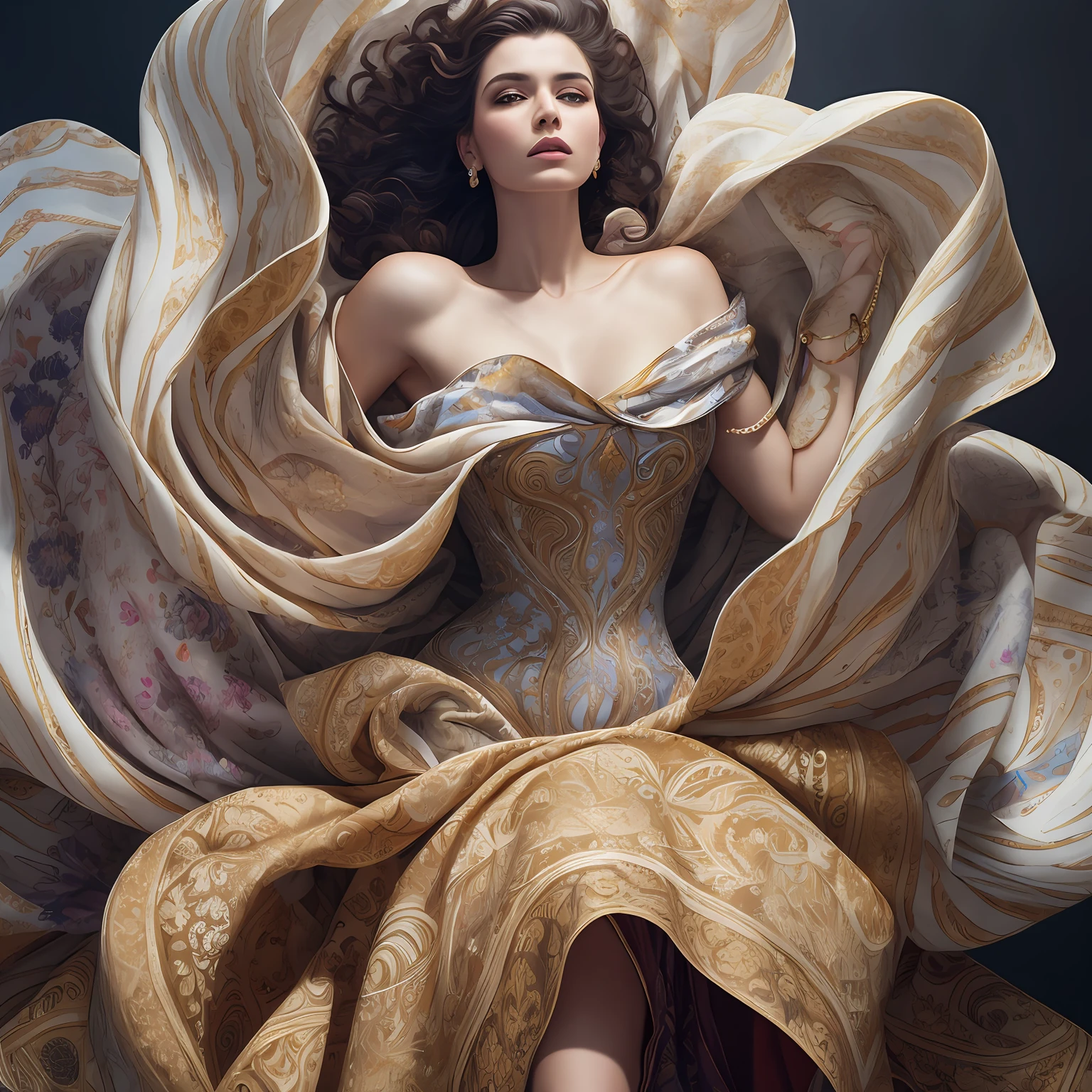 Masterpiece, dress, high quality, art muse, surrounded by swirling fabric, (fabric detail:1.2), (intricate fabric folds:1.2), photographed by peter lindbergh and dave lachapelle, closeup, Sony A9 II, f2.0, iso 100, dynamic composition, serene expression, primal energy, elemental beauty, high resolution, uhd, hdr, vogue photoshoot, Laocoön, iris flare