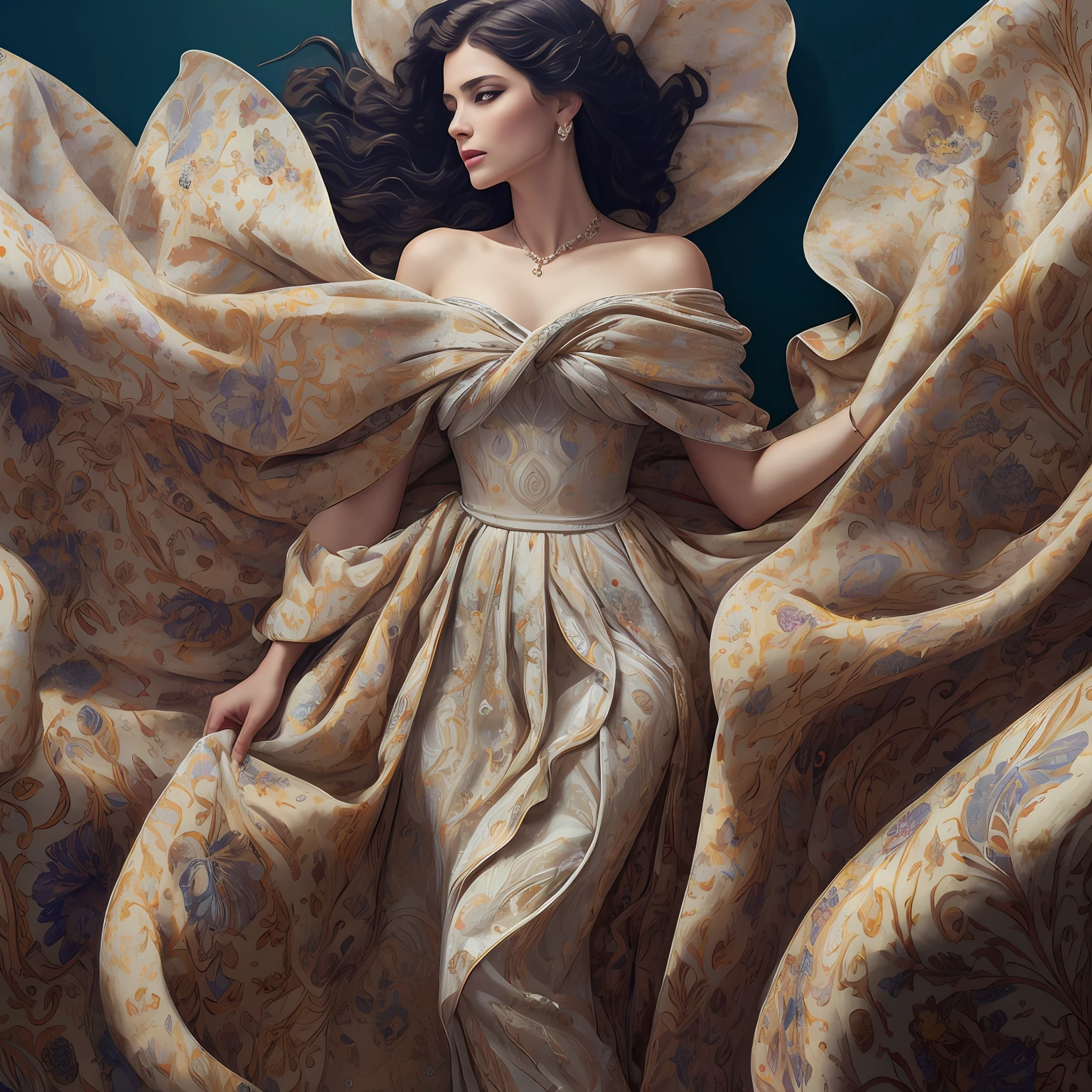 Masterpiece, dress, high quality, art muse, surrounded by swirling fabric, (fabric detail:1.2), (intricate fabric folds:1.2), photographed by peter lindbergh and dave lachapelle, closeup, Sony A9 II, f2.0, iso 100, dynamic composition, serene expression, primal energy, elemental beauty, high resolution, uhd, hdr, vogue photoshoot, Laocoön, iris flare