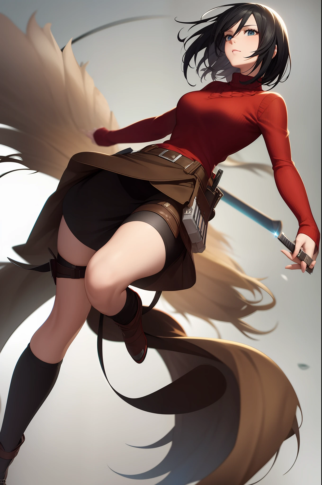anime - style image of a woman in a red sweater and black skirt, 2b, 2 b, mikasa ackerman, from attack on titan, inspired by Ryūsei Kishida, annie leonhart, artwork in the style of guweiz, looking like annie leonhart, no more heroes concept art, heavy vignette!, snk