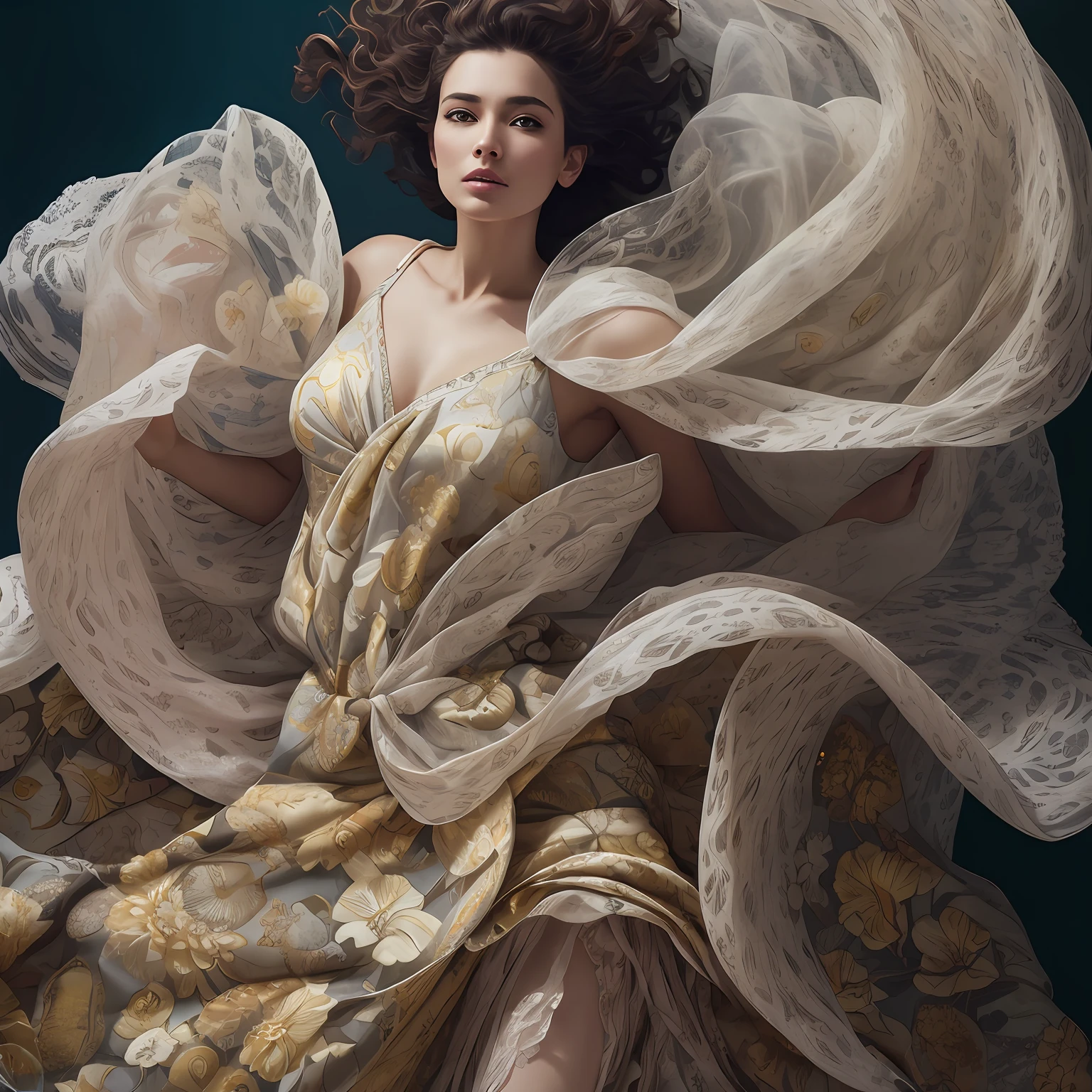 Masterpiece, dress, high quality, art muse, surrounded by swirling fabric, (fabric detail:1.2), (intricate fabric folds:1.2), photographed by peter lindbergh and dave lachapelle, closeup, Sony A9 II, f2.0, iso 100, dynamic composition, serene expression, primal energy, elemental beauty, high resolution, uhd, hdr, vogue photoshoot, Laocoön, iris flare