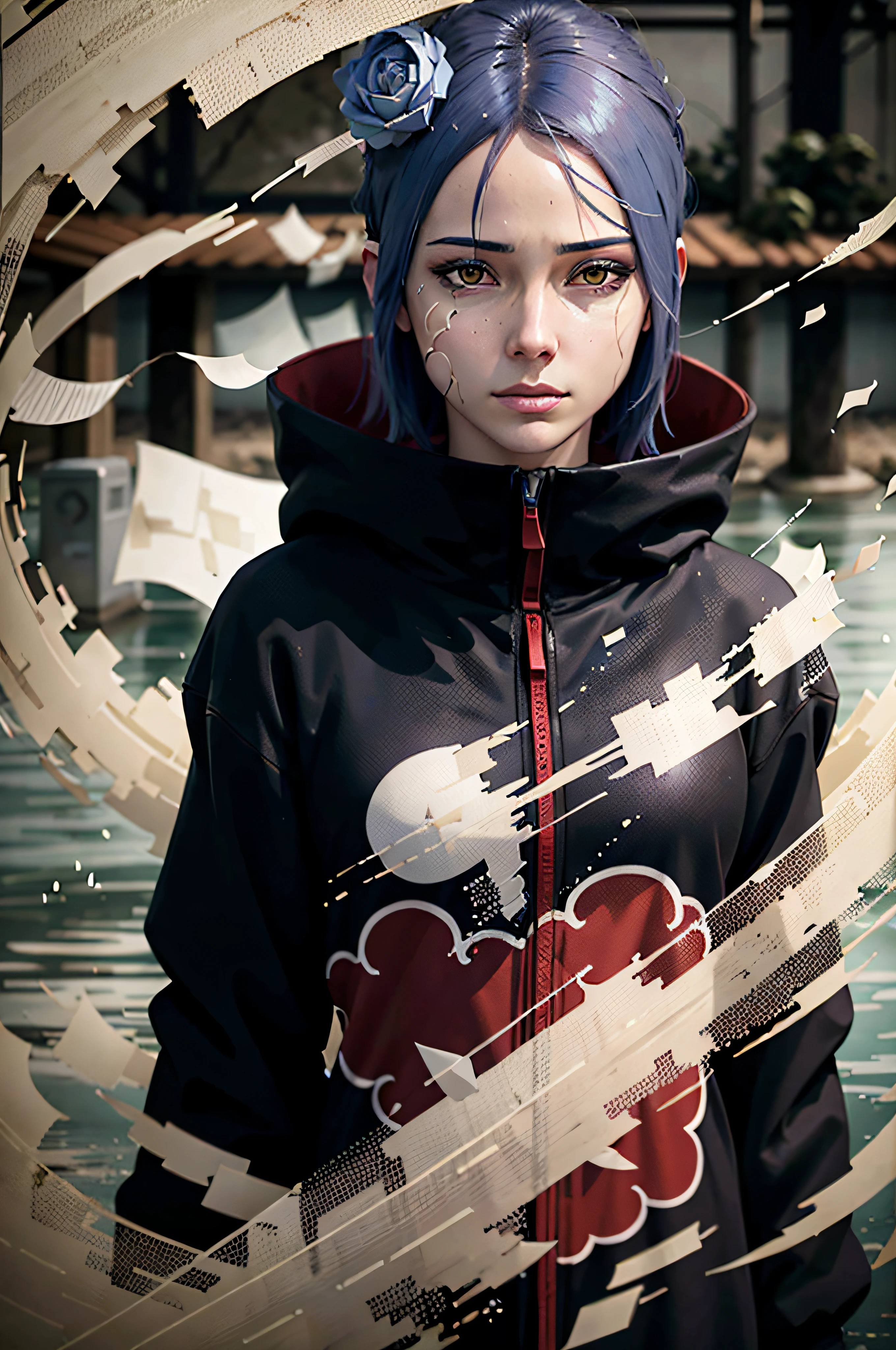 absurdres, (best quality), (masterpiece),(ultra-detailed:1.2),(photorealistic:1.1),(highres),
1girl,
 konan \(naruto\),  (akatsuki outfit:1.1),  labret piercing, (paper:1.2),
ripples,swirling ,