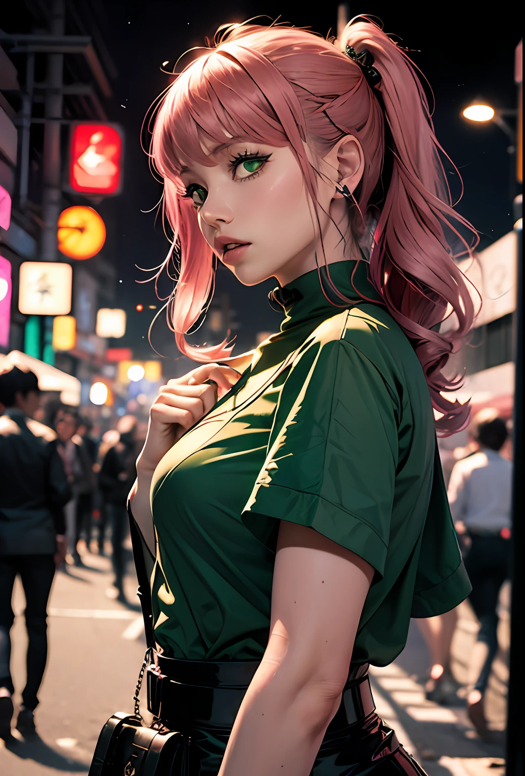Black Pink ,Girl blouse Regatta with pink hair green eyes and a green , in the background Japanese city at night,next to a Lamborghini