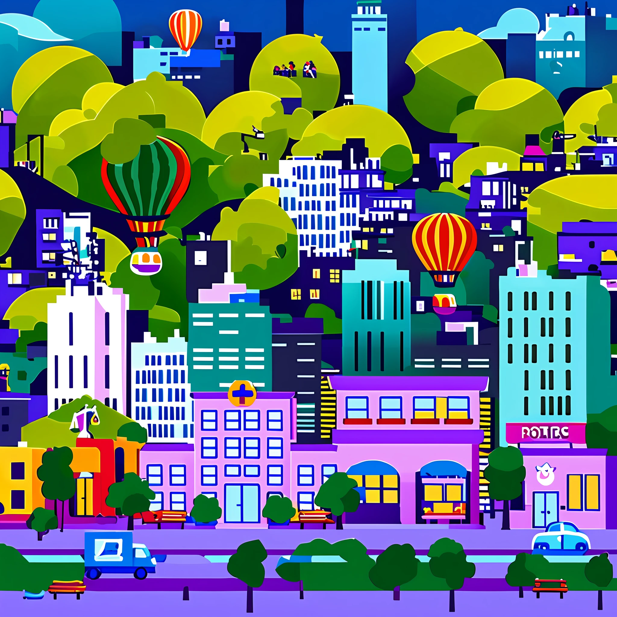 A city with fun buildings, trees, and hot air balloons, city street view background, town background, countryside city scene, colorful city, town center background, townscape, flat illustration, city in backround, small city, urban background, day cityscape, street scenery, busy city on background, flat 2 d design, town、, small town, city landscape, vector illustration
