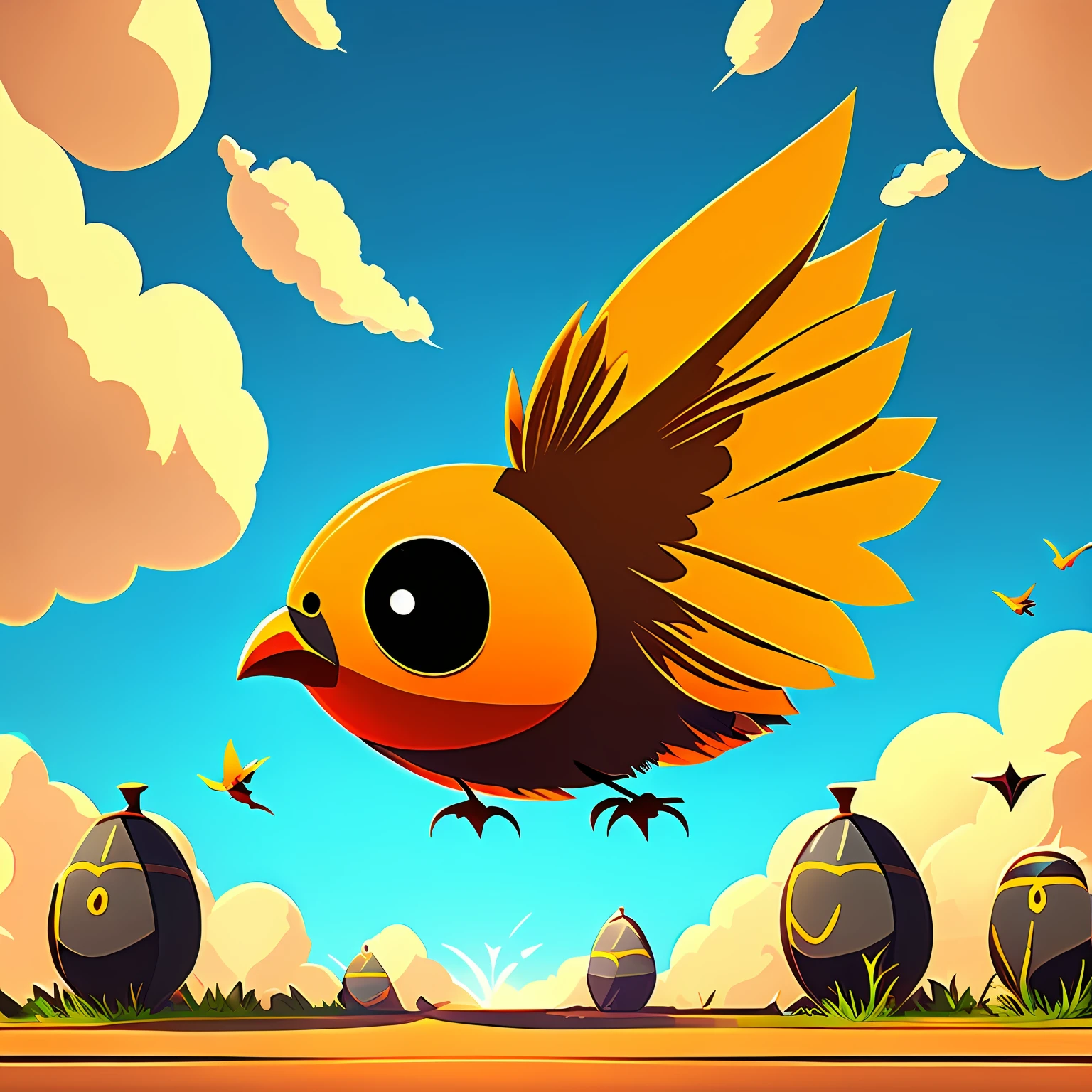 2D game, bird, bomb, flying, no human, sunny, sky --auto