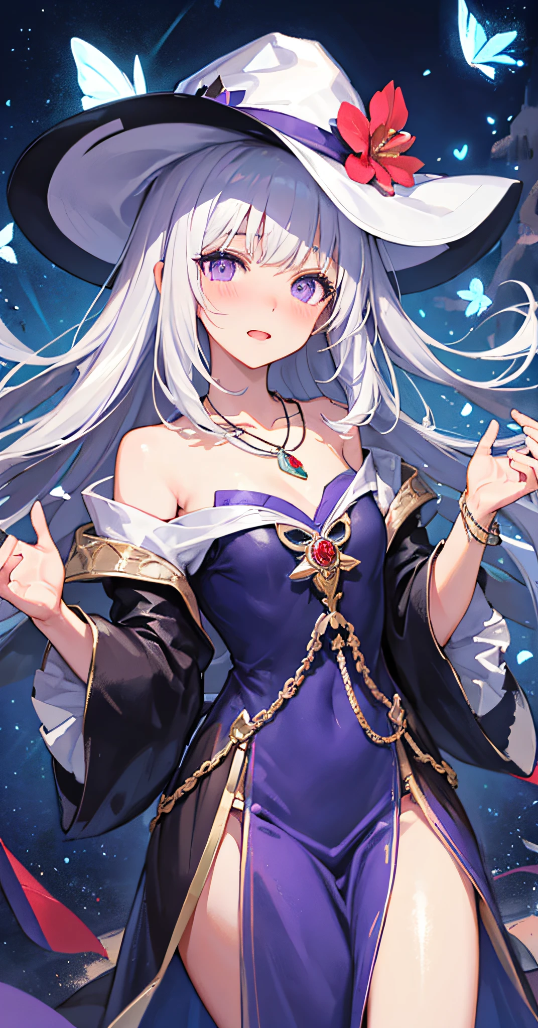 [(purple eyes, air bangs, wizard hat, shiny skin, wearing beautiful clothes: 1.3)], sacred, gorgeous, dark blue sky, sun, day, magic formation, singing magic, spells, flower butterflies, happy, shy, blushing, crooked head, magic world, magic wand, necklace, white hair, incredible long hair,