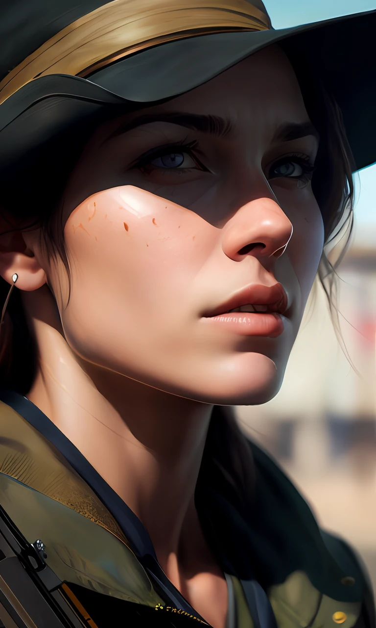woman with a hat and a gun in her hand, cinematic realistic portrait, realistic face moody lighting, ultra detailed portrait, cinematic beautiful natural skin, ultra realistic digital painting, photorealistic digital painting, realistic afternoon lighting, beautiful photorealistic imagery, close - up portrait shot, ultra detail. digital painting, highly detailed vfx portrait, photorealistic artstyle, highly detailed vfx portrait of