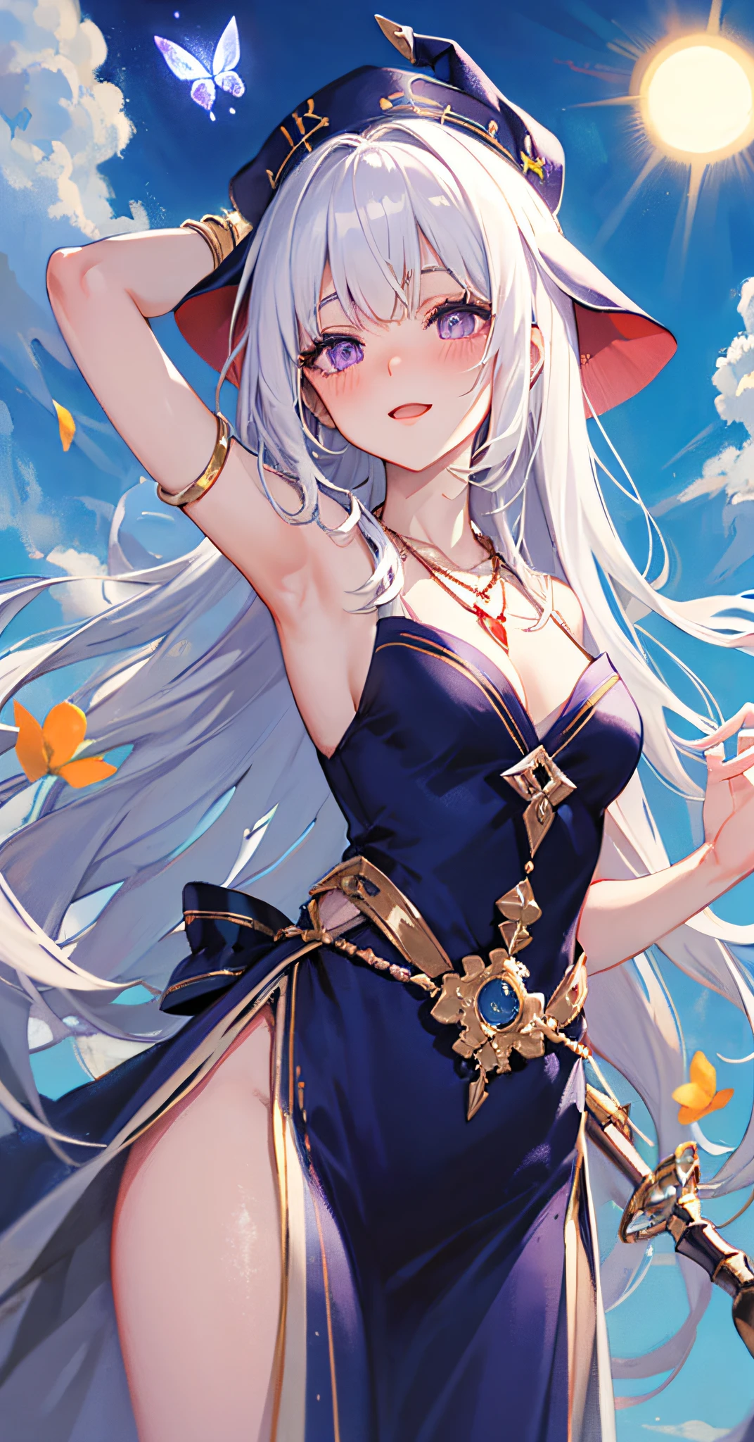 [(purple eyes, air bangs, wizard hat, shiny skin, wearing beautiful clothes: 1.3)], sacred, gorgeous, dark blue sky, sun, day, magic formation, singing magic, spells, flower butterflies, happy, shy, blushing, crooked head, magic world, magic wand, necklace, white hair, incredible long hair,