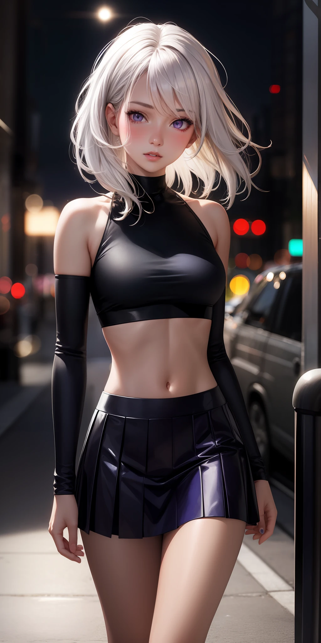 realistic, 1girl, white hair, purple eyes, glowing eyes, crop top, skirt, parted lips, blush, night, flowers, sun, sunlight,