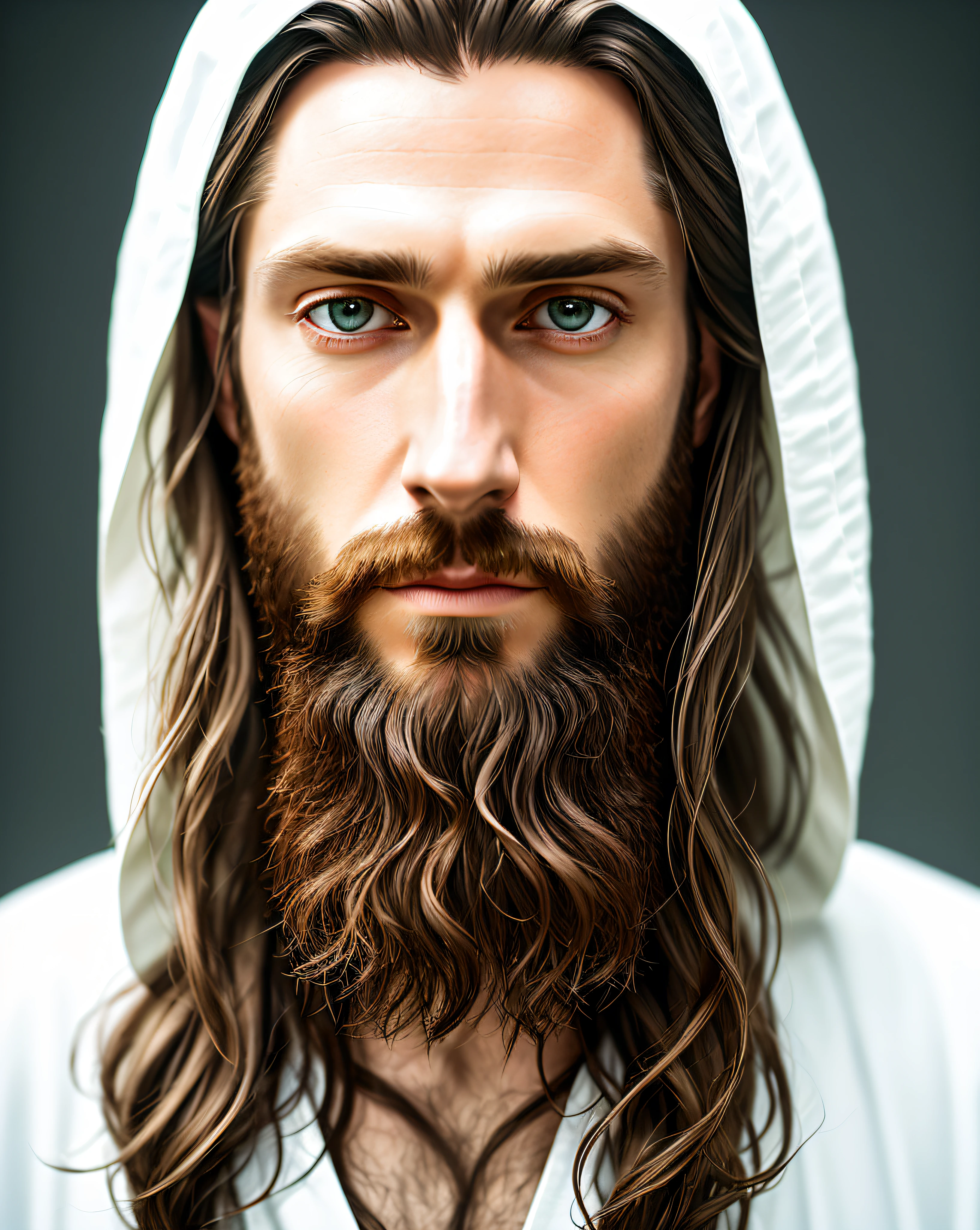 (symmetry),centered,a ((close)) up portrait,(Jesus),a very thin white man with long hair and a beard,wearing a long white robe,35mm,natural skin,clothes detail, 8k texture, 8k, insane details, intricate details, hyperdetailedhighly detailed,realistic,soft cinematic light,HDR,sharp focus, ((((cinematic look)))),intricate, elegant, highly detailed