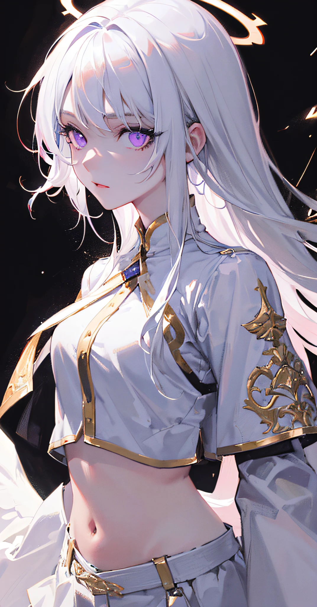 highres, highest quallity, illustration, cinematic light, ultra detailed, detailed face, (detailed eyes), best quality, hyper detailed, masterpiece, (detailed face), white hair, purple eyes, highest details, luminous eyes, medium breats, black halo, white clothes, backlighting, (midriff:1.4), light rays, (high contrast), (colorful),