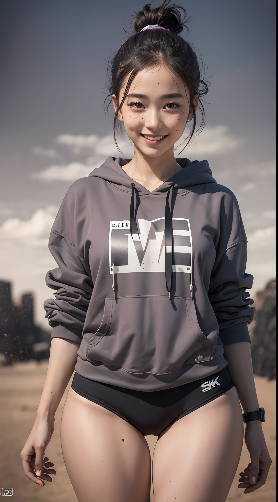 Raw photo, dynamic pose, 1girl, slender body, Asian, dark skin, messy bun, freckles, smiling, oversized hoodie, (wide thigh gap:1.2), desert, photorealistic, best quality, 8k, masterpiece