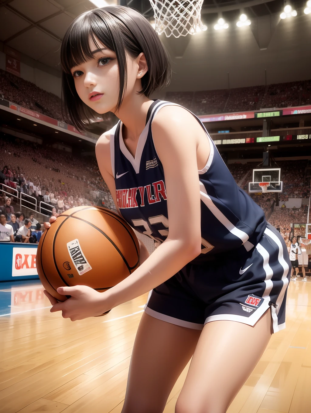 Top quality, masterpiece, 1beatiful girl,black hair, black eyes, basketball uniform, shiny skin, sweat-soaked skin, , beautiful legs, basketball venue, dramatic light