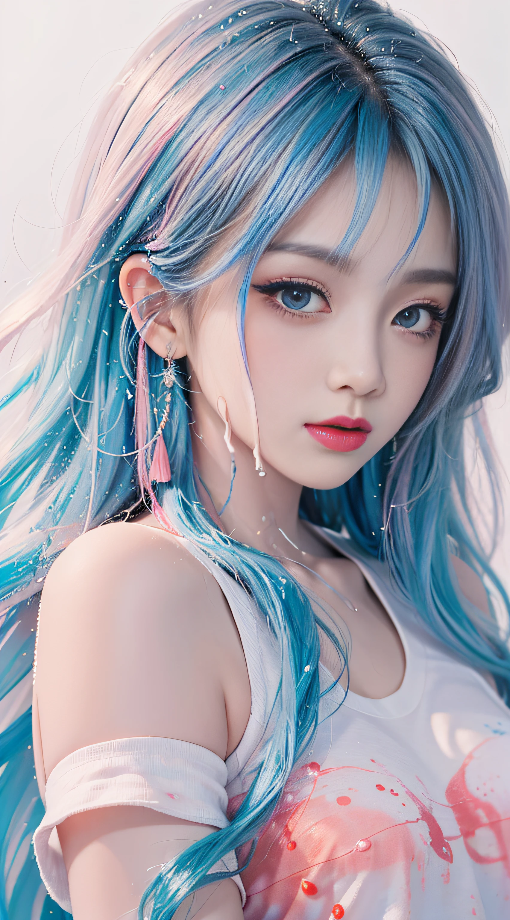 (Masterpiece, Best Quality, High Resolution), White Background, Acrylic Paint, Anime Shoujo, ((Color Splash, Splash of Ink, Color Splash)), Sweet Chinese Girl, Light Blue Long Hair, [Light Blue|Pink] Hair, Curly Hair, Glitter, Peach Lips, White Shirt, Front, Upper Body