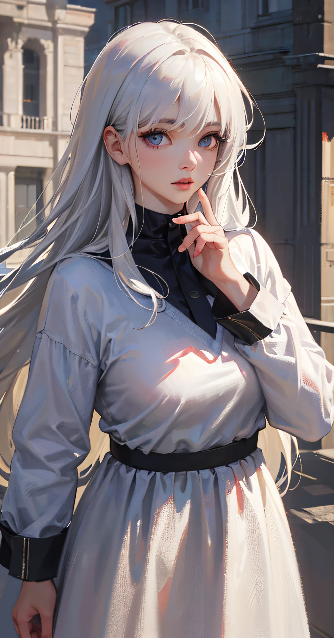 (8k, best quality, masterpiece:1.2), (realistic, photo-realistic:1.37), best quality, masterpiece, unity, an extremely delicate and beautiful,Pure lust for wind, messy hair, hair blown by wind，（white sweater：1.1）， extremely detailed, Amazing, finely detail, masterpiece, best quality, official art, absurdres, incredibly absurdres, huge filesize, ultra-detailed, highres, extremely detailed, beautiful detailed girl, extremely detailed eyes and face, beautiful detailed eyes, light on face,white hair, Kpop idol,（ulzzang-6500：1.6）
