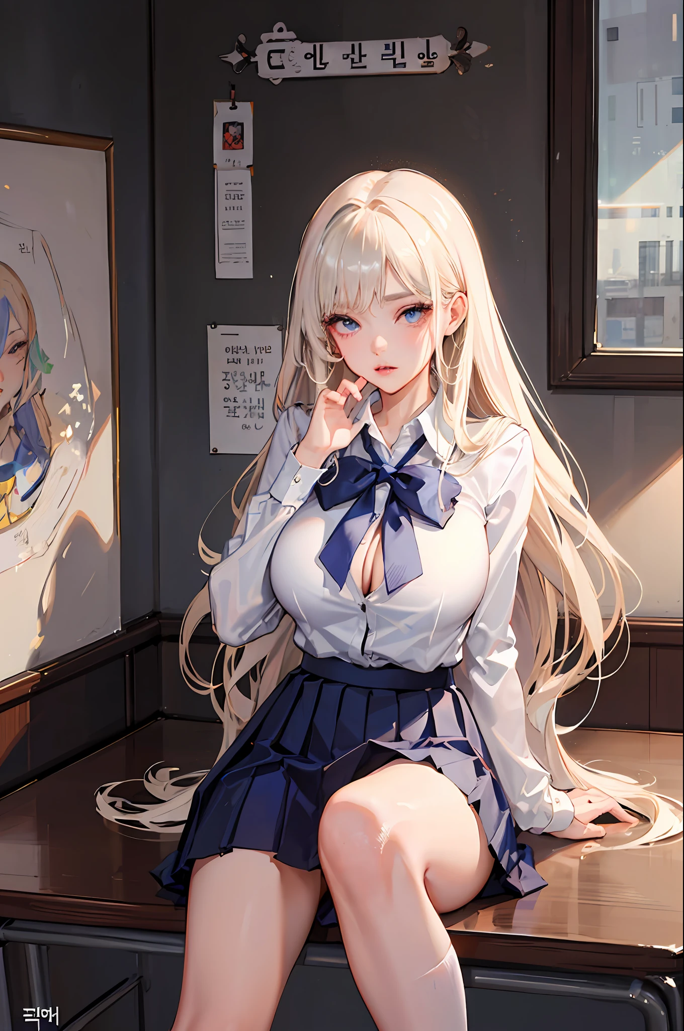 1girl, nsfw, masterpiece, best quality, slender girl with hourglass body and massive breasts, solo, pretty, cute, shy girl, sitting, legs spreading wide, ((girl wears school uniform, short pleated skirt, white blouse, Korean school uniform)), sexy, girl shows enticing breasts, ((platinum blond hair, long hair)), indigo eyes, detailed eyes, beautiful eyes, delicate eyes, ((hourglass body, sexy body)), correct anatomy, correct limbs, ((massive breasts, large breasts)), juicy lips, pouty lips, [detailed background (korean school, korean high school, Seoul, south korea)]