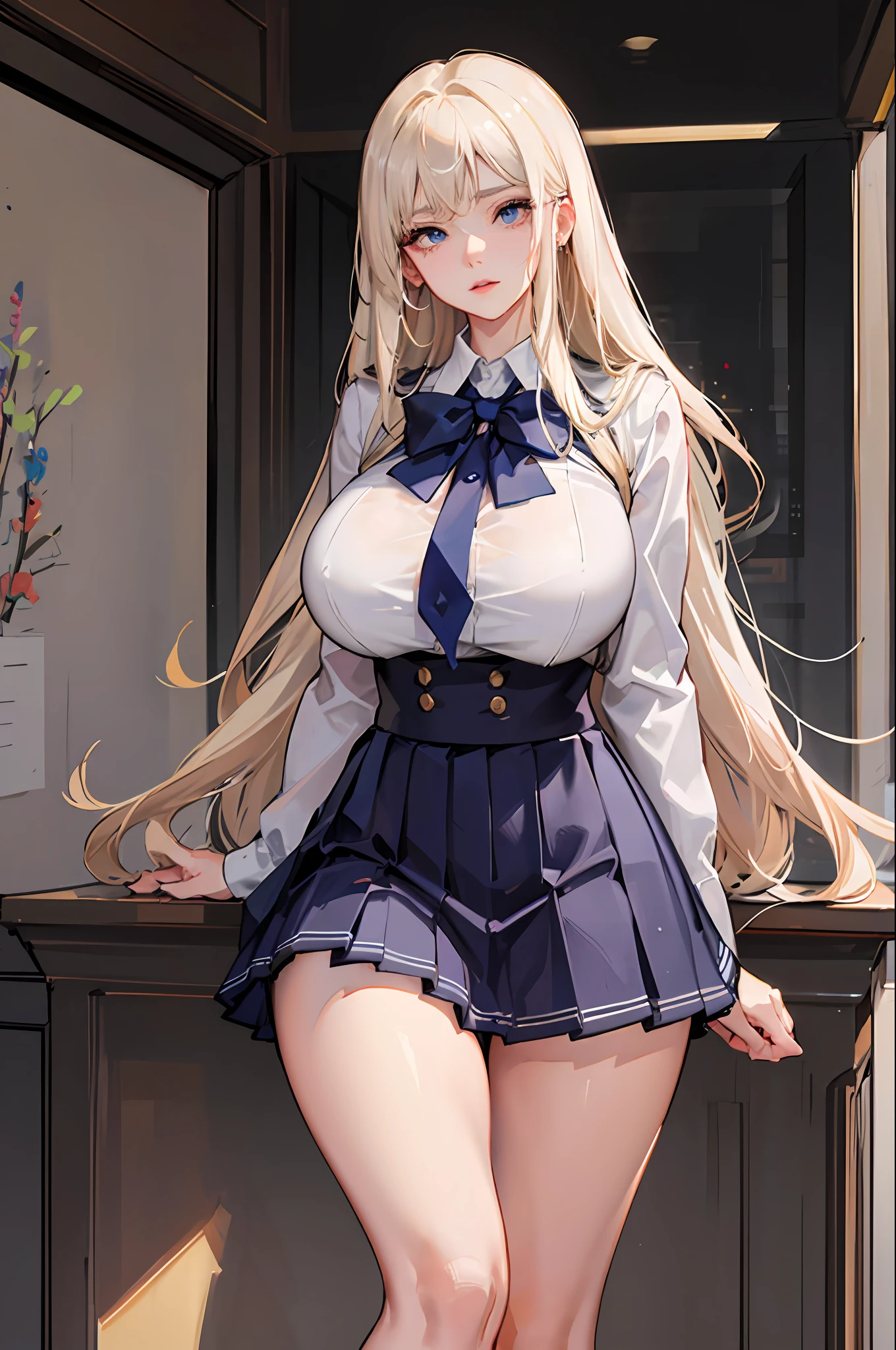 1girl, nsfw, masterpiece, best quality, slender girl with hourglass body and massive breasts, solo, pretty, cute, shy girl, ((girl wears school uniform, short pleated skirt, white blouse, Korean school uniform)), sexy, girl shows enticing breasts, enticing thighs, ((platinum blond hair, long hair)), indigo eyes, detailed eyes, beautiful eyes, delicate eyes, ((hourglass body, sexy body)), correct anatomy, correct limbs, ((massive breasts, large breasts)), juicy lips, pouty lips, [detailed background (korean school, korean high school, Seoul, south korea)]