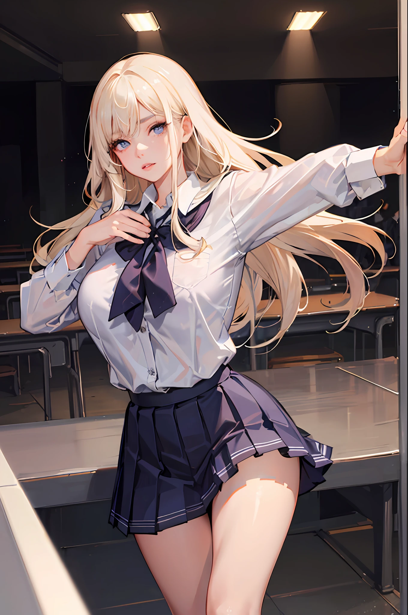 1girl, nsfw, masterpiece, best quality, slender girl with hourglass body and massive breasts, solo, pretty, cute, shy girl, ((girl wears school uniform, short pleated skirt, white blouse, Korean school uniform)), sexy, girl shows enticing breasts, enticing thighs, ((platinum blond hair, long hair)), indigo eyes, detailed eyes, beautiful eyes, delicate eyes, ((hourglass body, sexy body)), correct anatomy, correct limbs, ((massive breasts, large breasts)), juicy lips, pouty lips, [detailed background (korean school, korean high school, Seoul, south korea)]