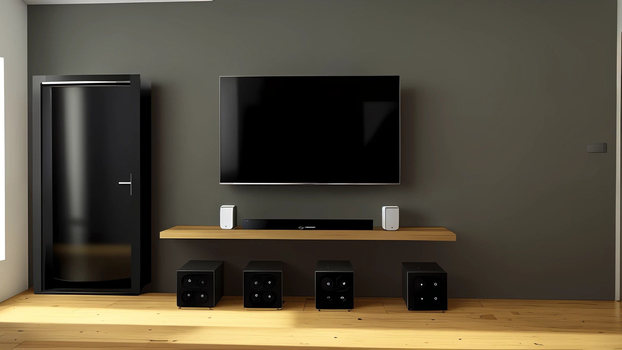 there is a television mounted on a wall in a room, televisions, tv frame, tv, tv set, 4k tv still, minimalist environment, tv screens, digital screens on the walls, tv screens in background, living room wall background, placed in a large living room, personal room background, gaming room, television, placed in a living room