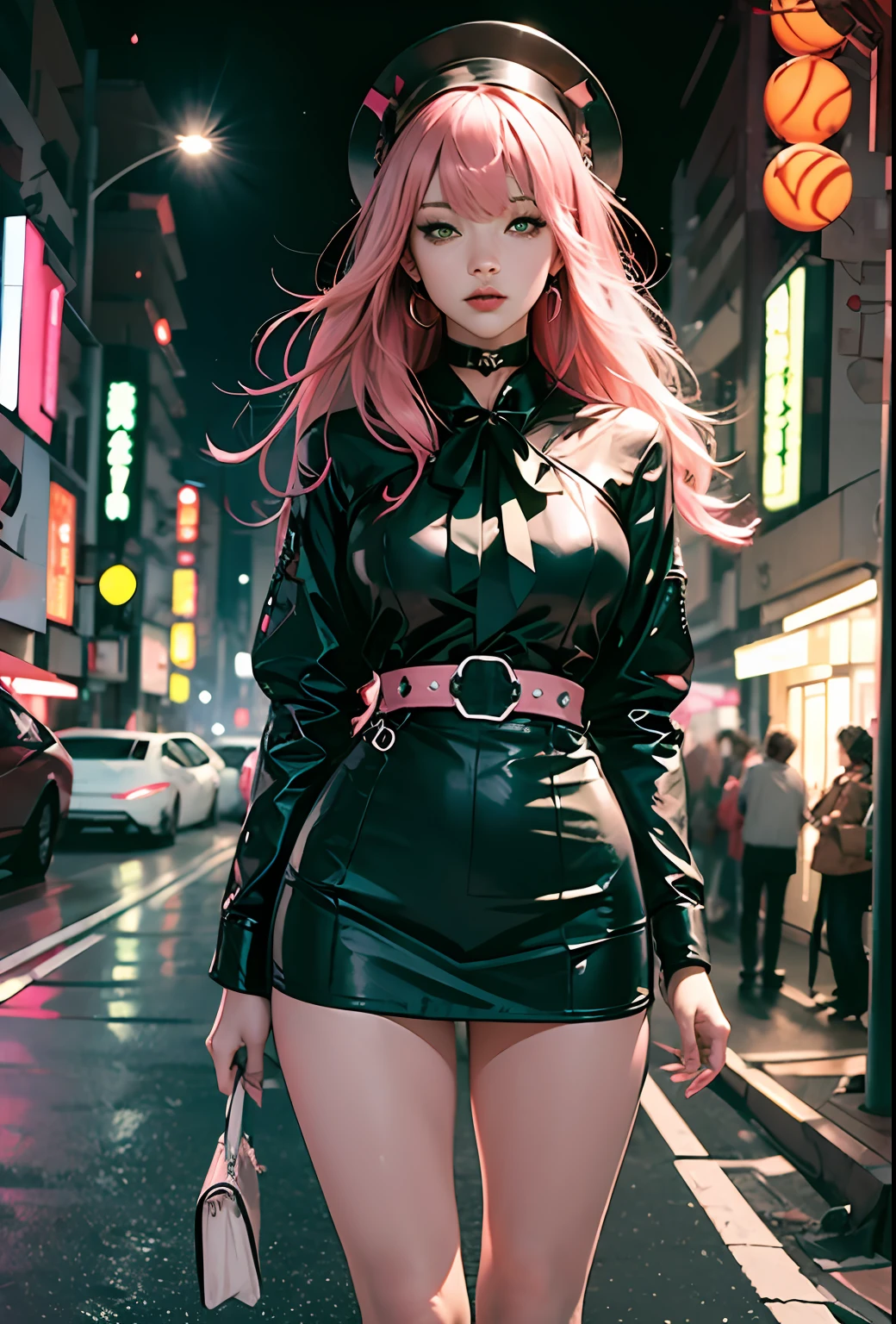 Black Pink ,Girl blouse Regatta with pink hair green eyes and a green , in the background Japanese city at night,next to a Lamborghini